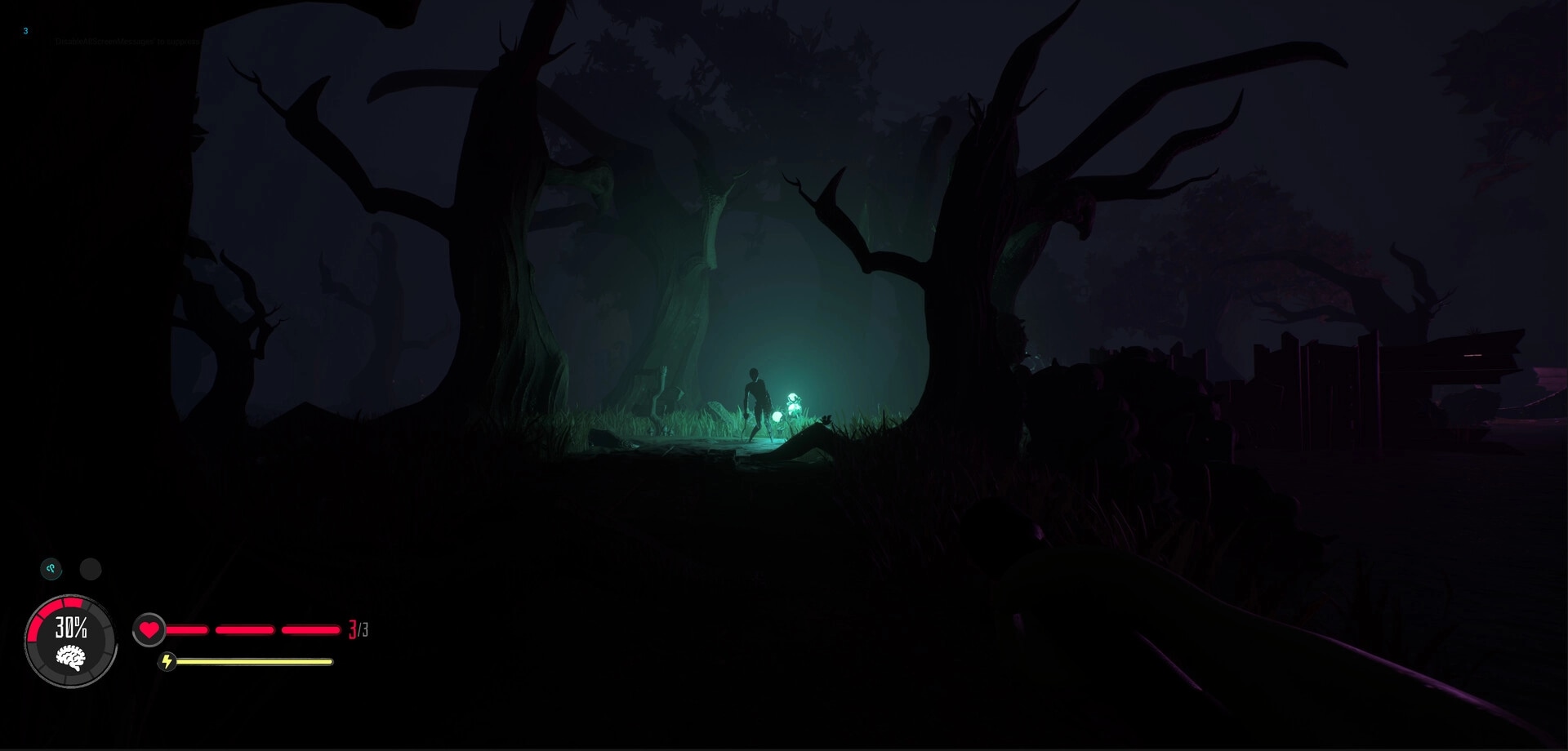 Submind: Player silhouette approaches a glowing figure in a foggy forest with sanity and health HUD.