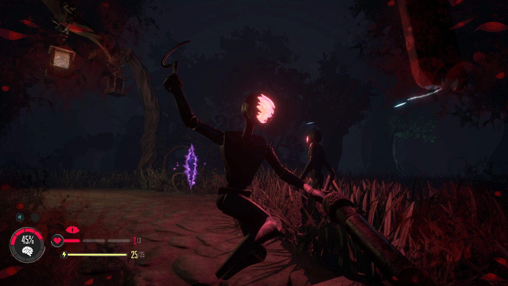 Submind: First-person view aiming at glowing mask enemies on a dark forest path with HUD meters.