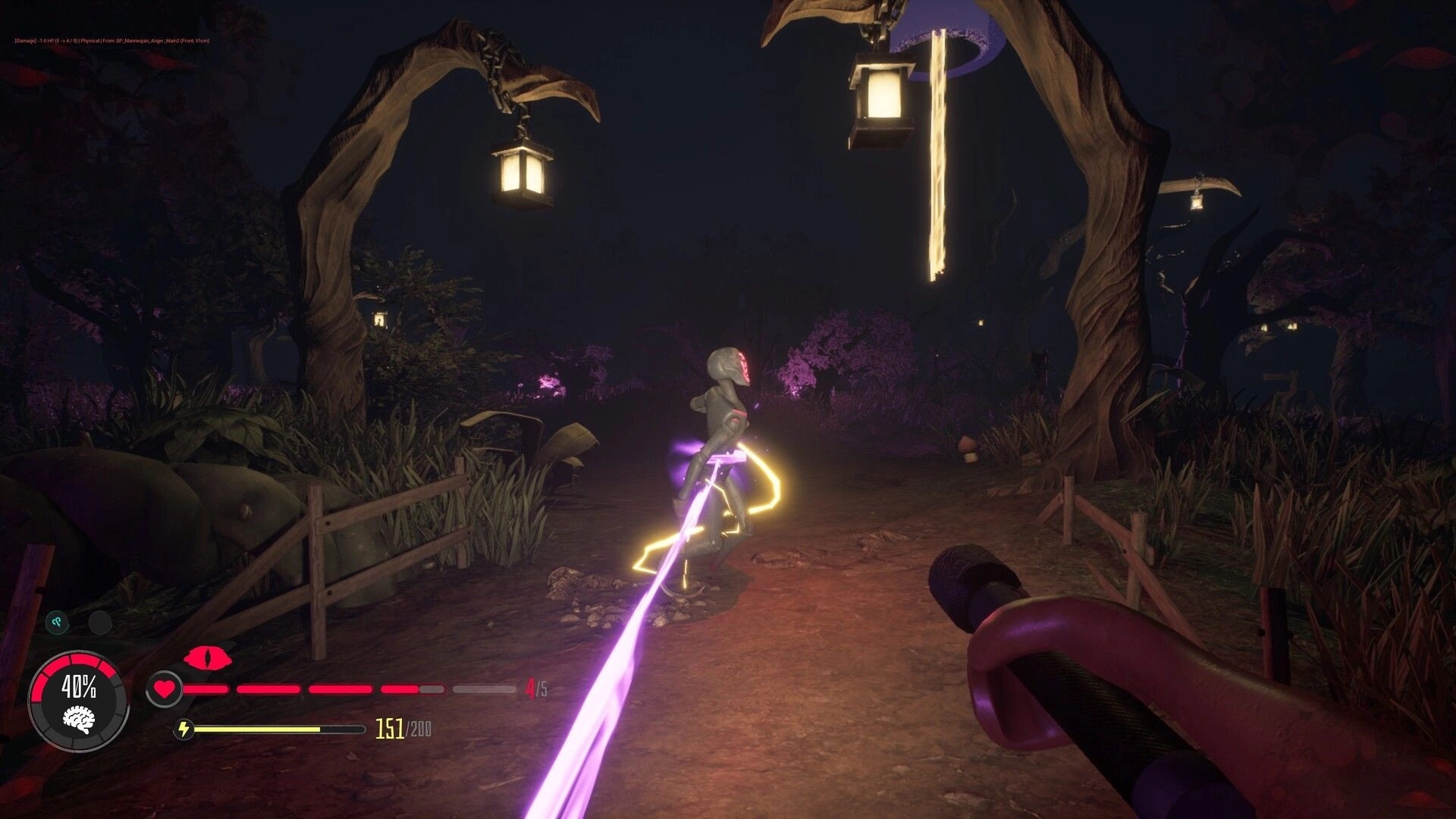 Submind: First-person beam attack hits a mannequin enemy on a lantern-lit forest path at night.