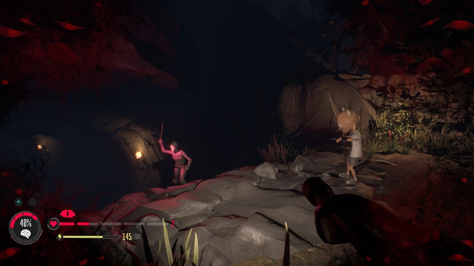 Submind: Two players with torches stand at a cavern edge with health and sanity HUD in view.