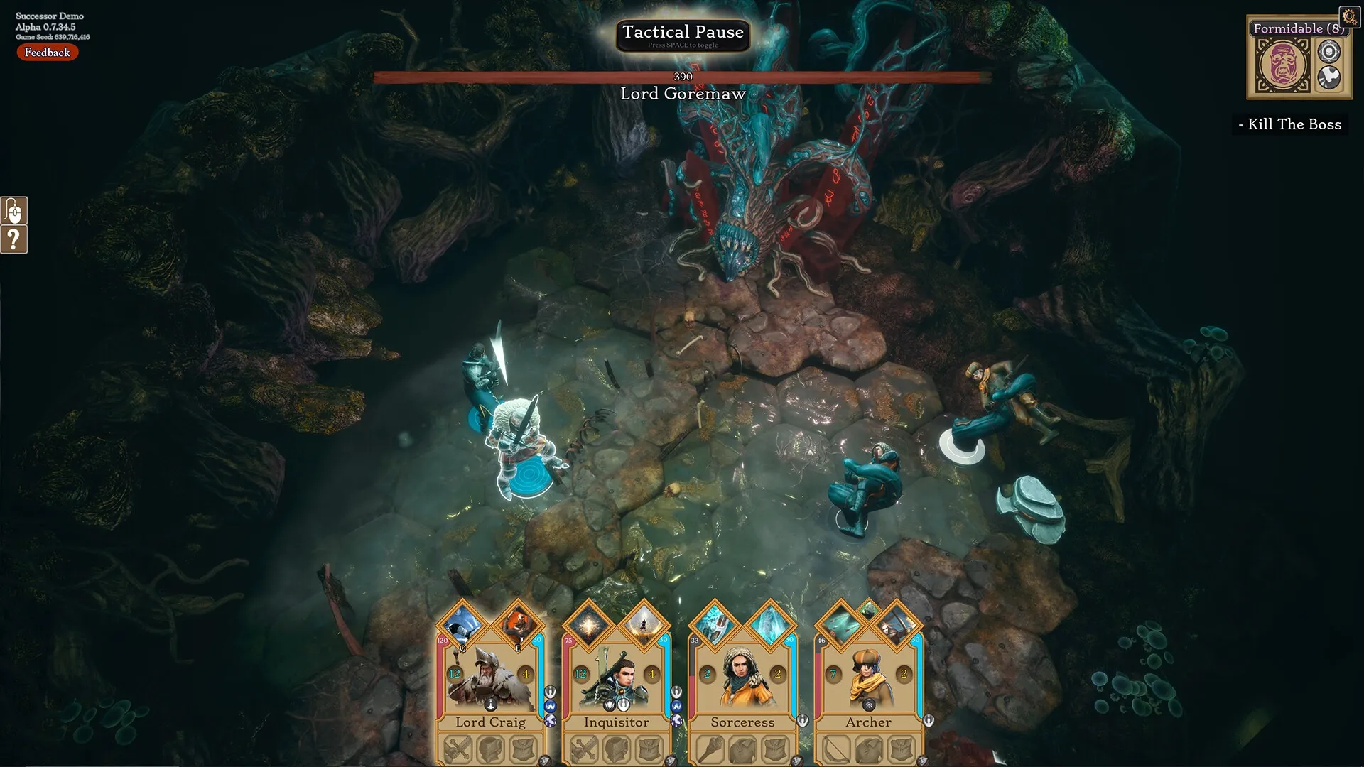 Successor: Heroes confront Lord Goremaw in a dark forest with tactical pause and character cards displayed.