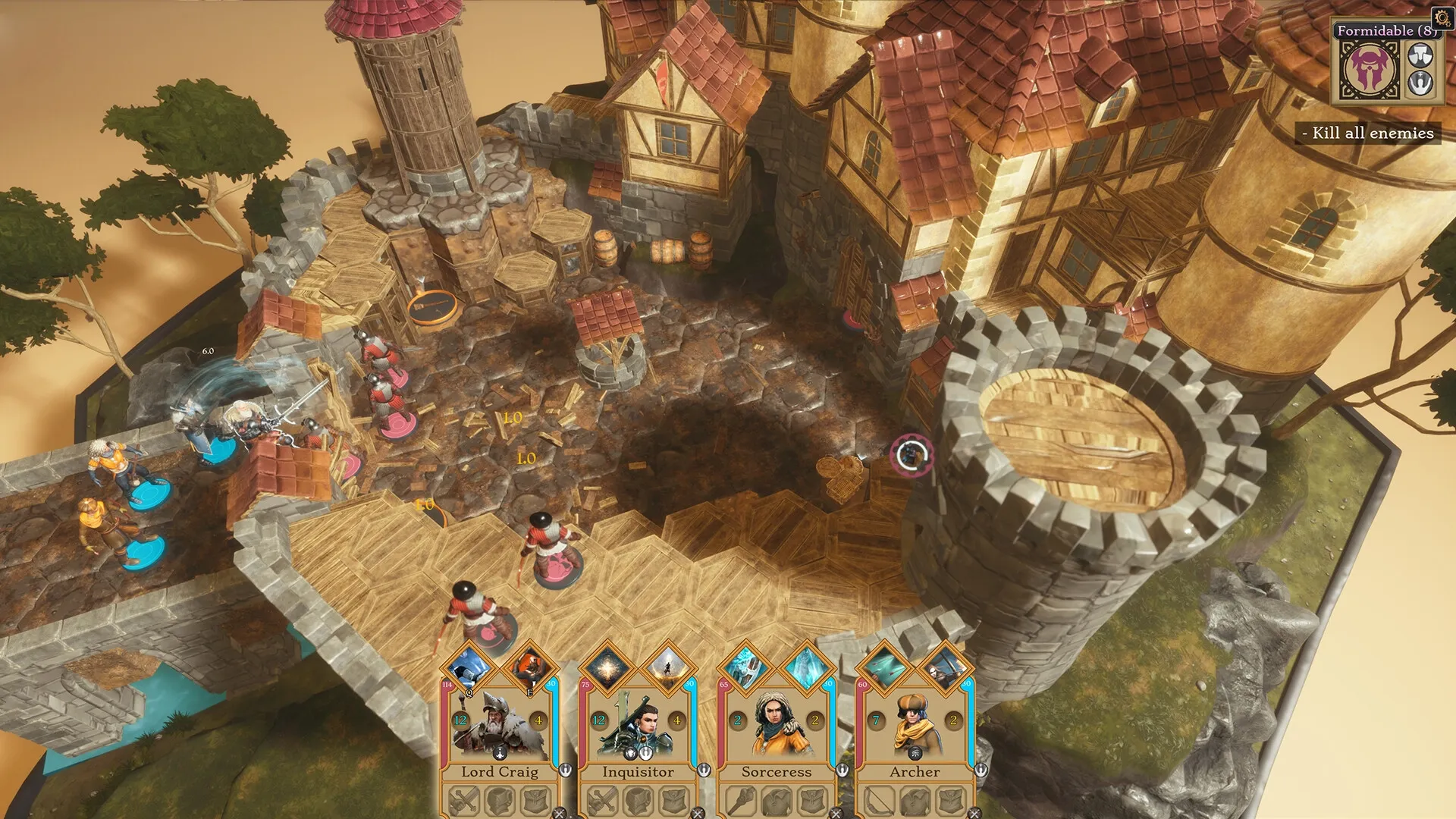 Successor: Tactical combat with heroes Lord Craig, Inquisitor, Sorceress, and Archer in castle courtyard