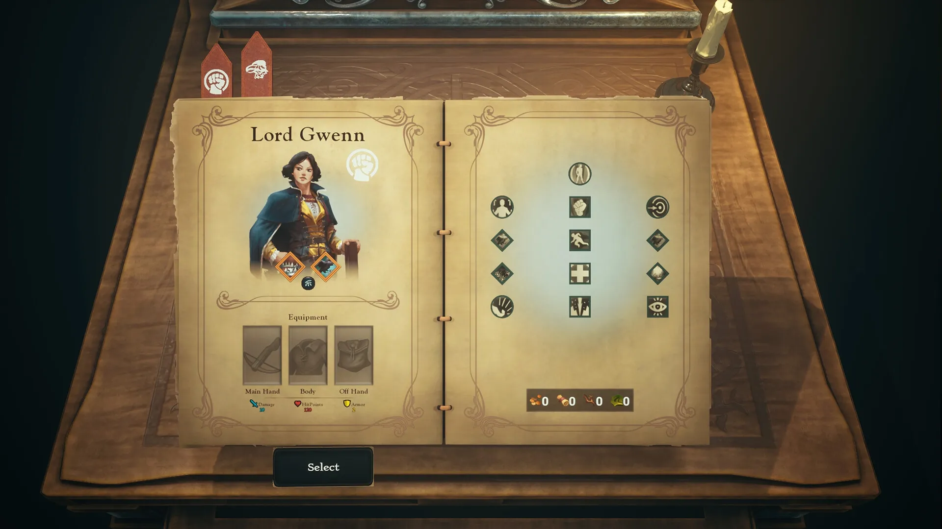 Successor: Character selection screen featuring Lord Gwenn with attributes and equipment options visible