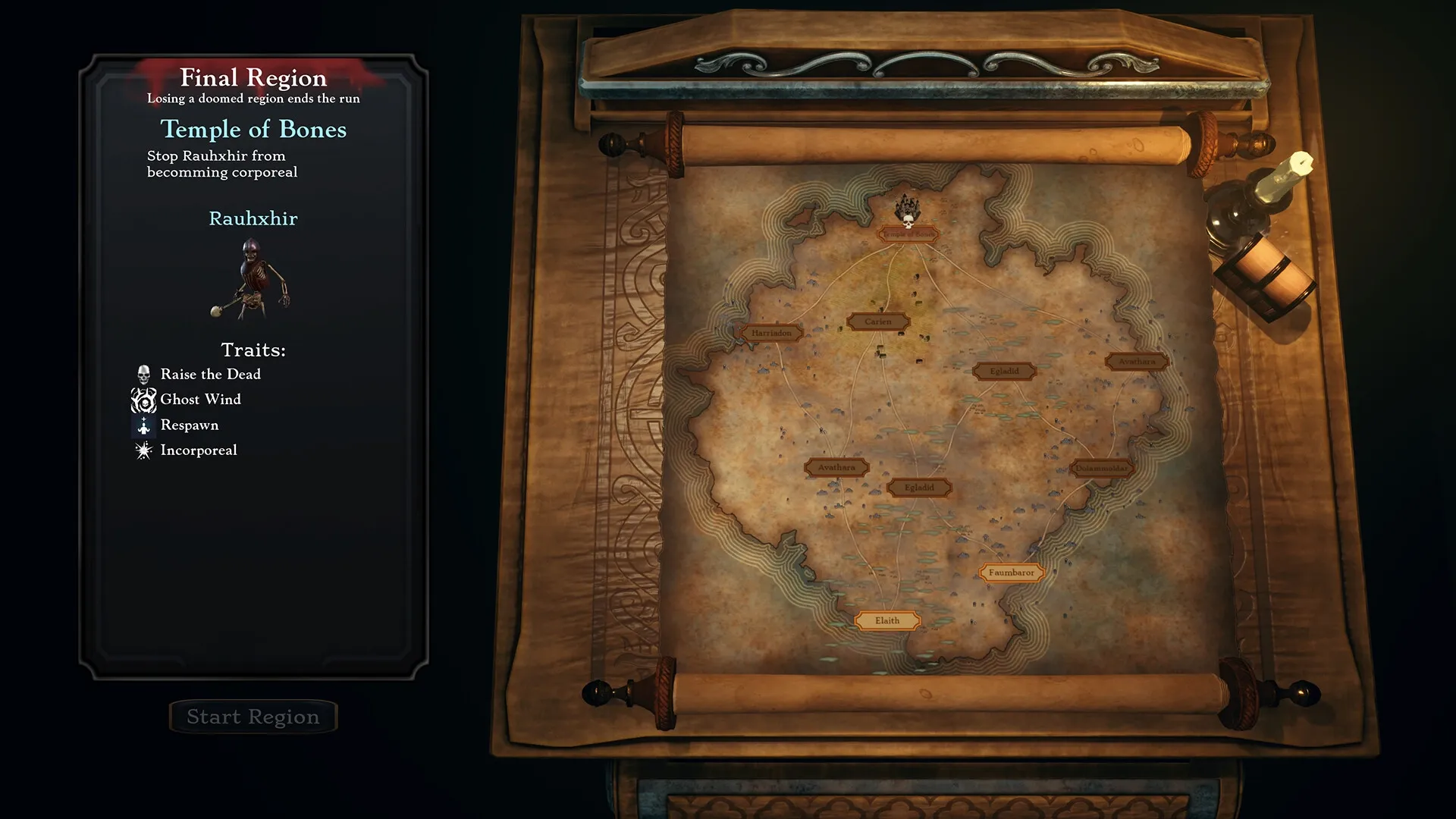 Successor: Map overview with Rauhxhir's traits displayed in Temple of Bones region selection screen
