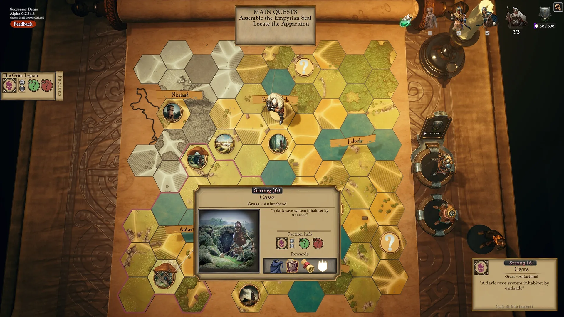 Successor: Hero exploring hexagonal map with quest objectives and cave description on parchment table