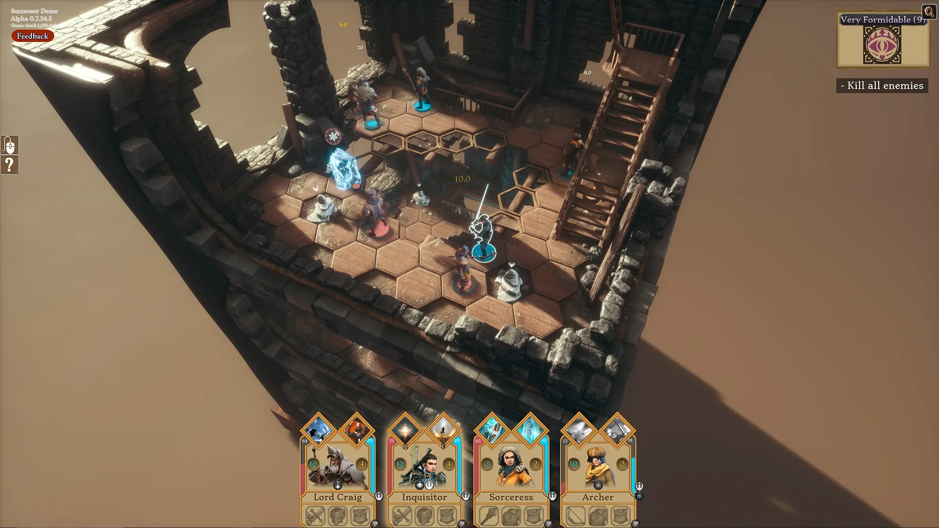 Successor: Tactical combat on hexagonal tiles in a stone fortress, with hero cards displayed below