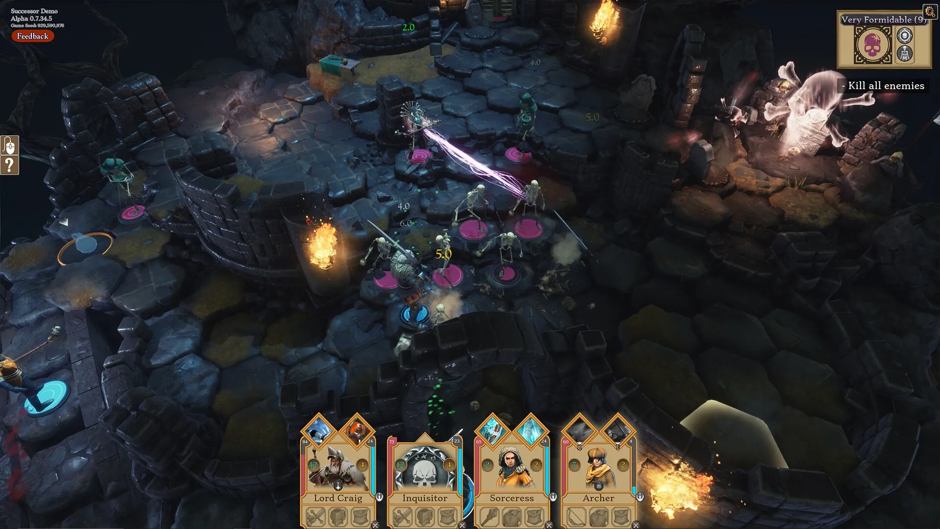 Successor: Heroes battle skeletons on a stone platform, with character cards displayed at the bottom.