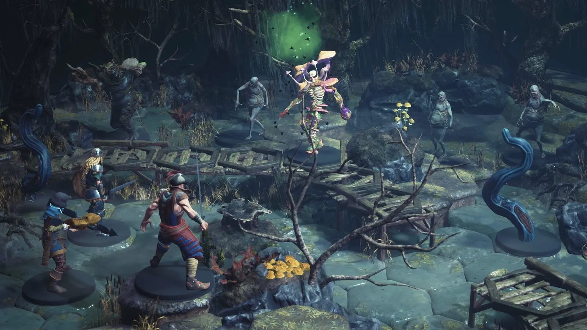 Successor: Heroes engage in tactical combat against undead foes in a dark, swampy environment.
