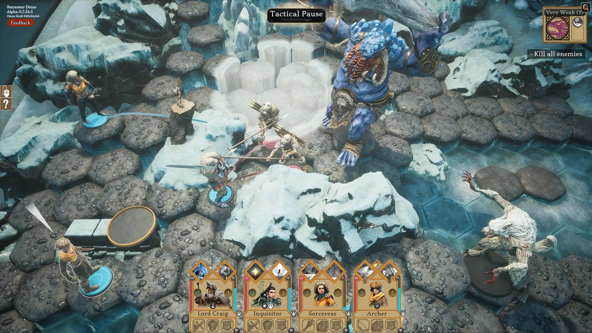Successor: Tactical combat with heroes confronting a blue giant and monsters on icy hexagon terrain