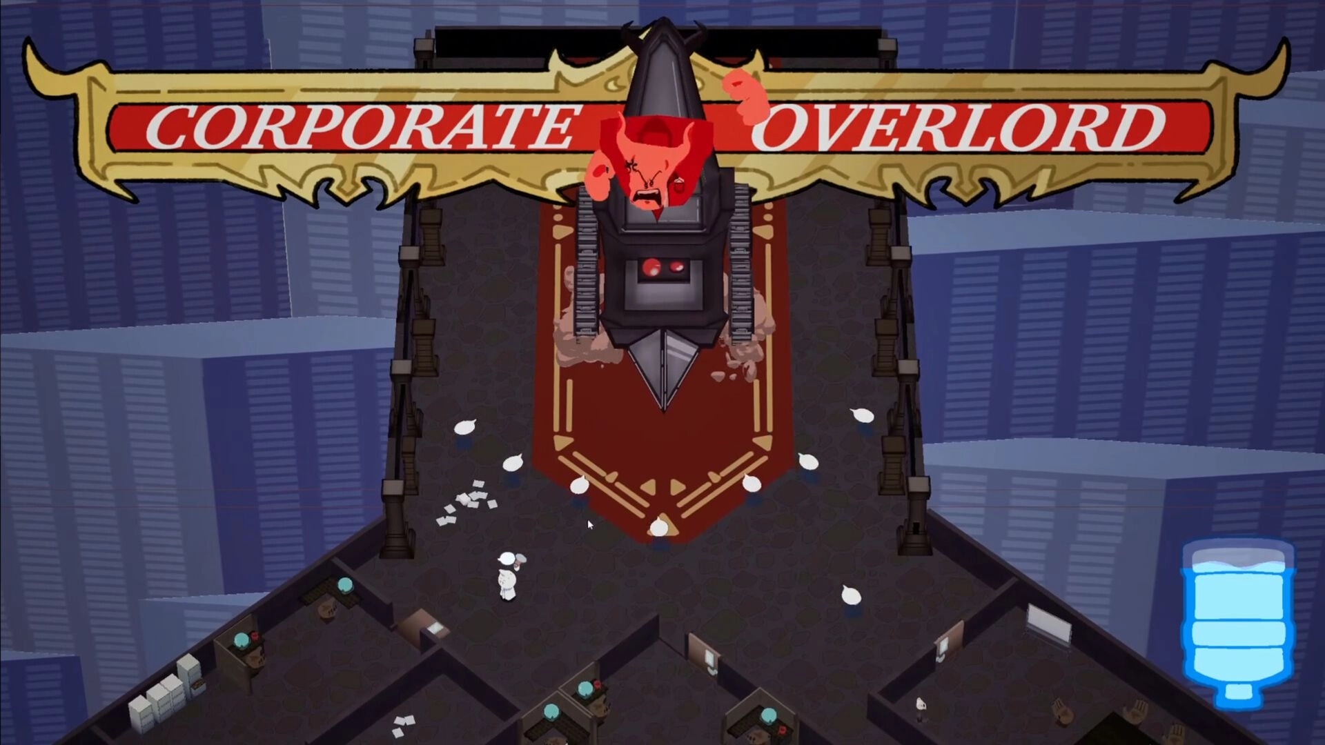 Suck It Up!: Confrontation with Corporate Overlord boss in grand office hall, scattered papers everywhere