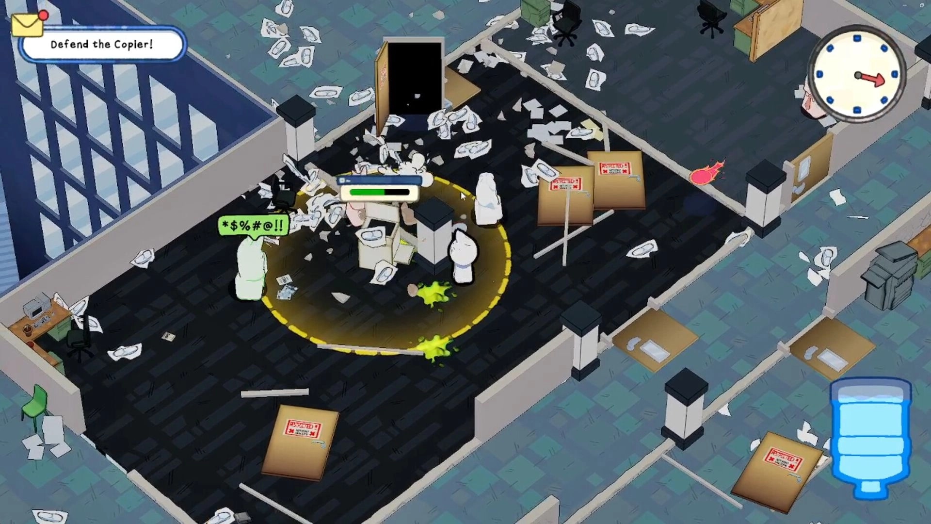 Suck It Up!: Characters defend a copier amidst paper chaos in an office with a speech bubble UI element.