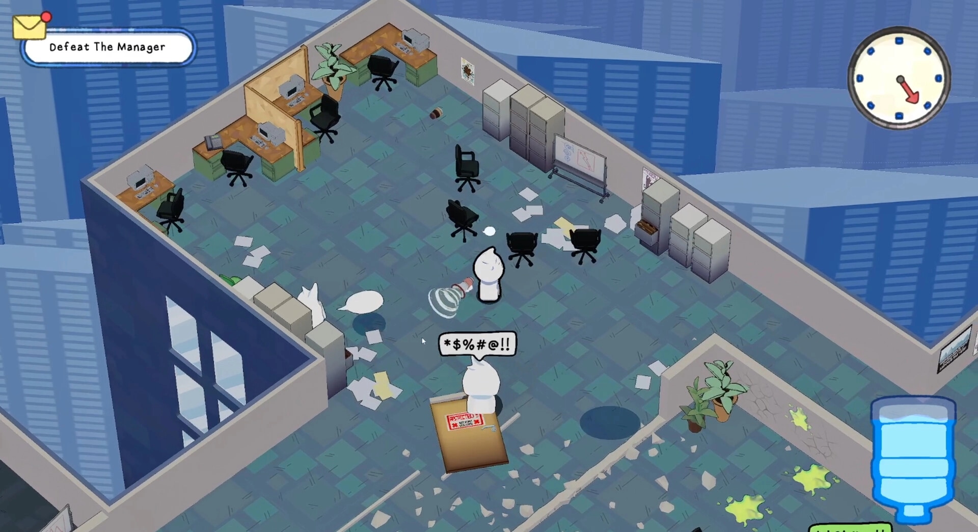 Suck It Up!: Office combat with characters exchanging words, mission to defeat the manager displayed.