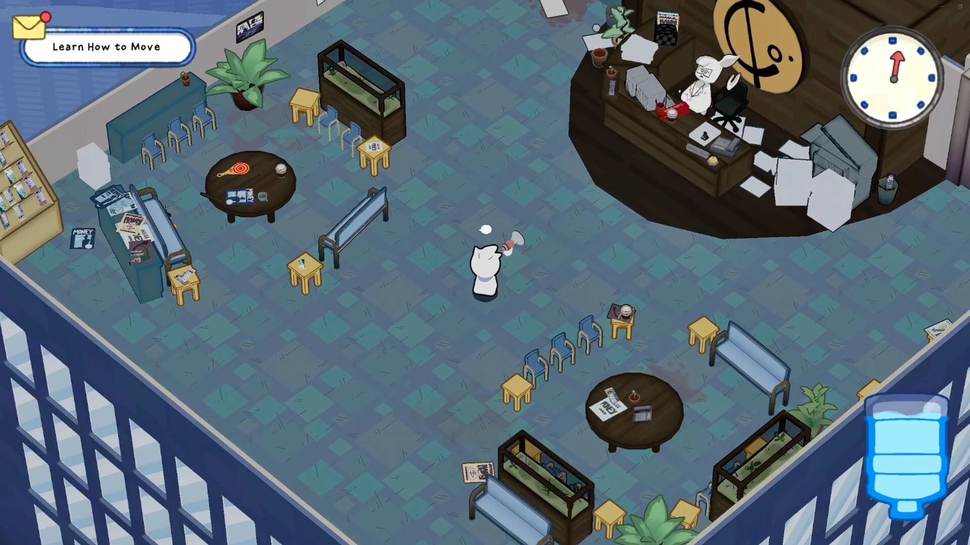 Suck It Up!: Character with megaphone in office lobby, navigating towards a desk surrounded by papers.