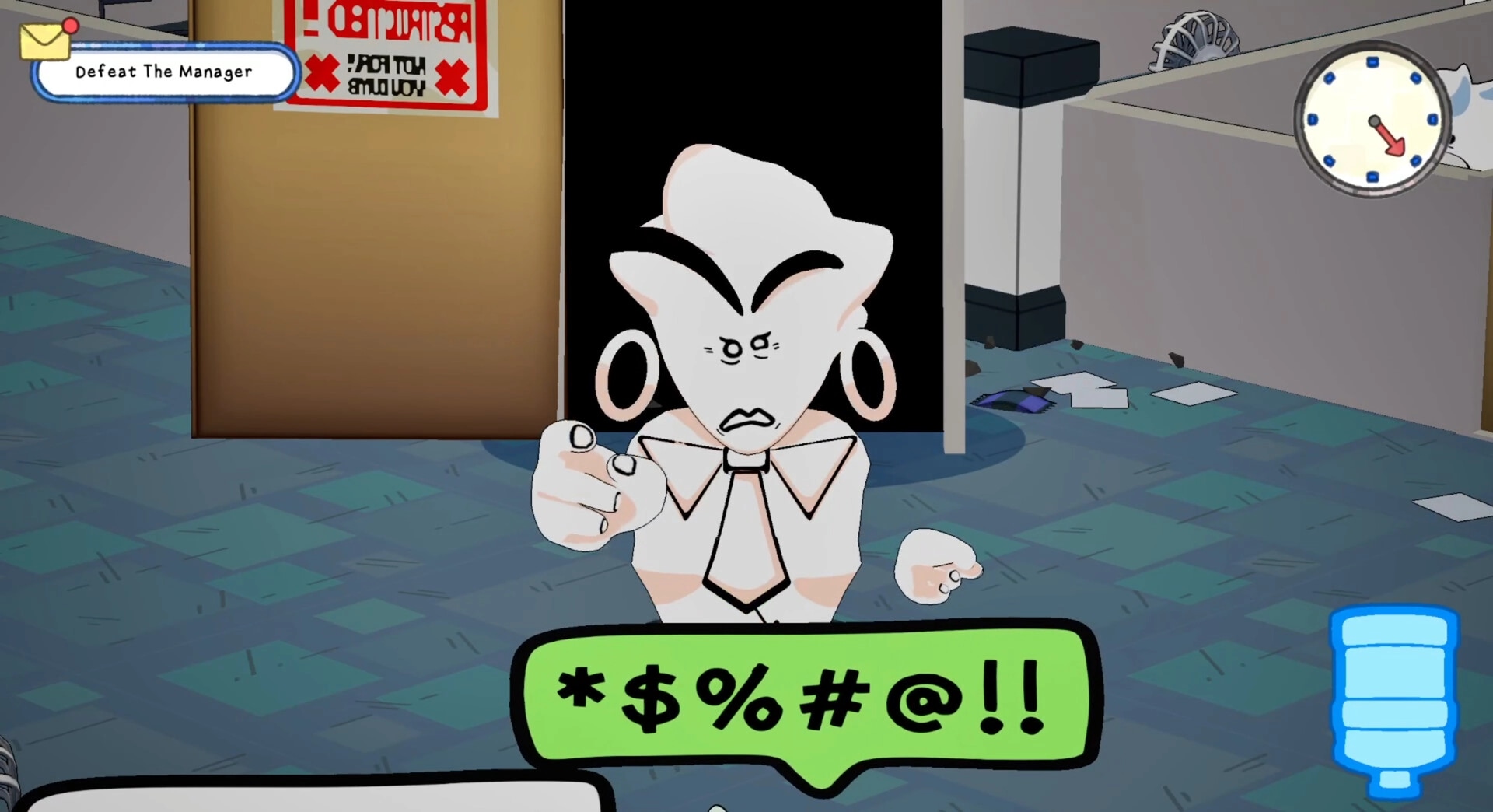 Suck It Up!: Confrontation with coworker in office hallway, speech bubble with symbols, task list above.