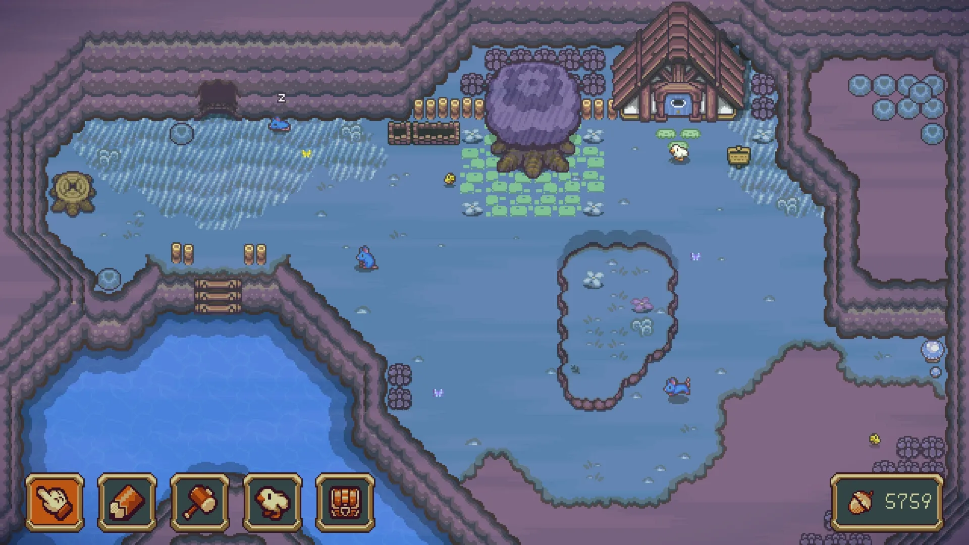 Sudoku Acres: Farm overview with animals, crops, pond, and tool icons in bottom UI panel