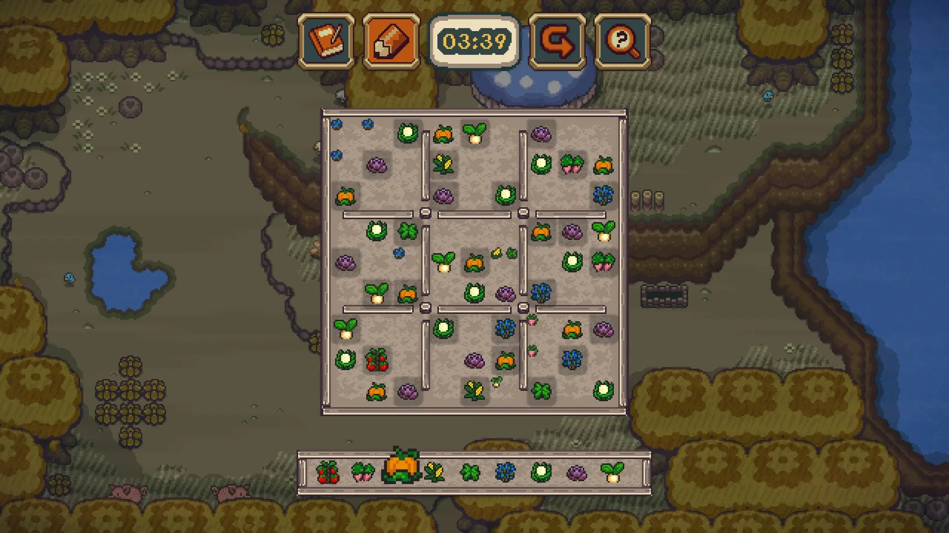 Sudoku Acres: Farm-themed Sudoku puzzle grid with various crops against a cozy countryside backdrop