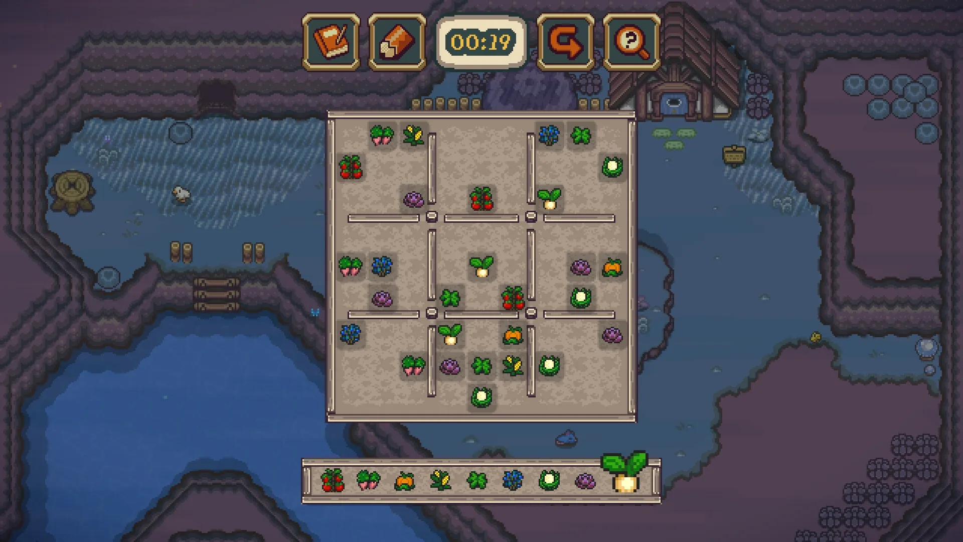 Sudoku Acres: Farm-themed Sudoku grid with various crops in a rustic landscape and a timer at 00:19