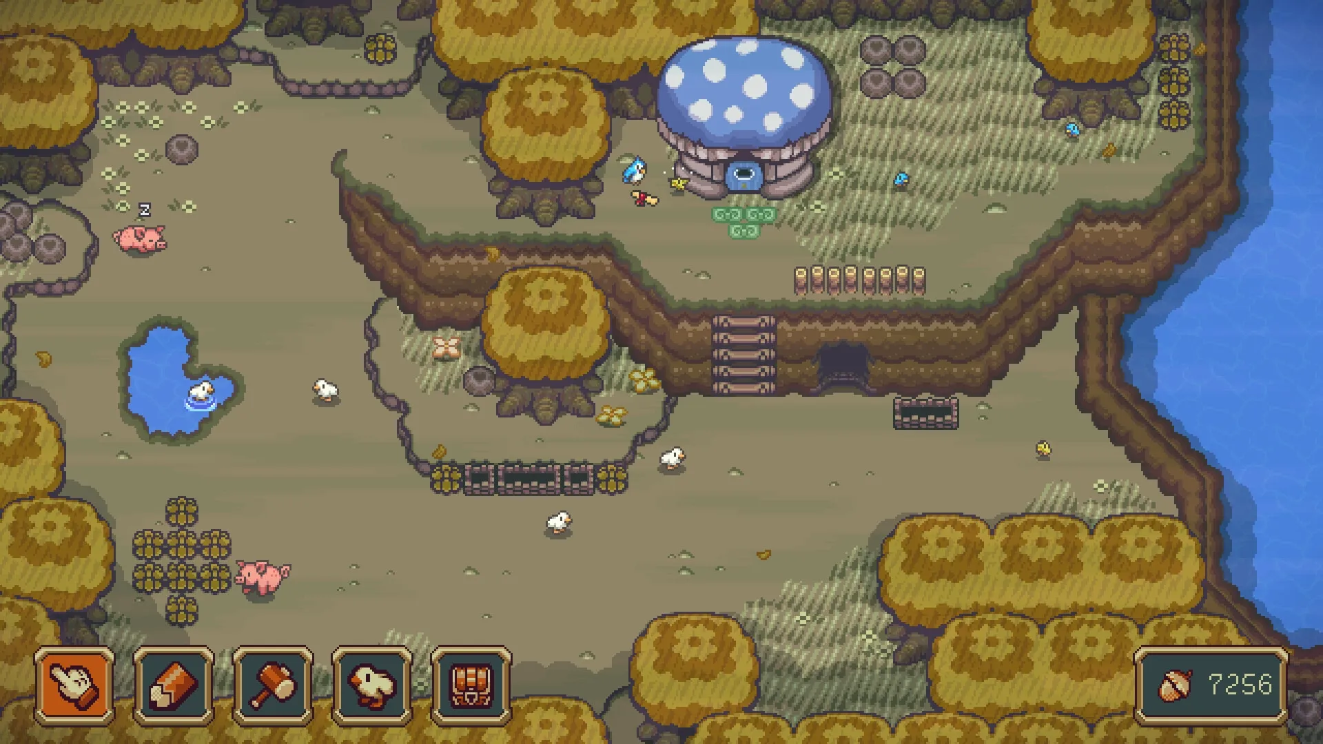 Sudoku Acres: Overhead view of farm with animals, mushroom house, and tool icons at bottom of screen
