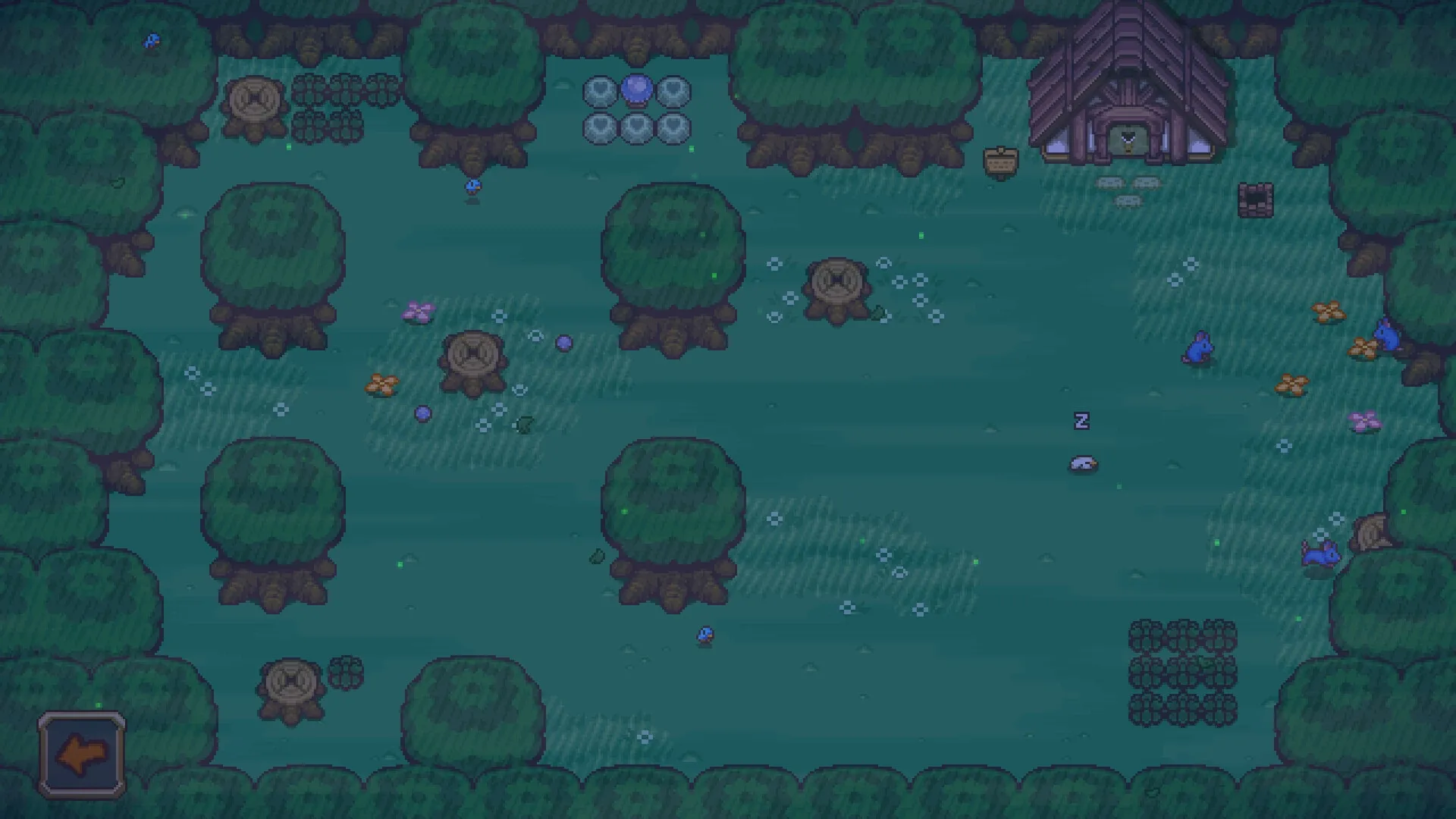 Sudoku Acres: Farm area with trees, animals, a small house, and a sleeping creature in a cozy forest setting.
