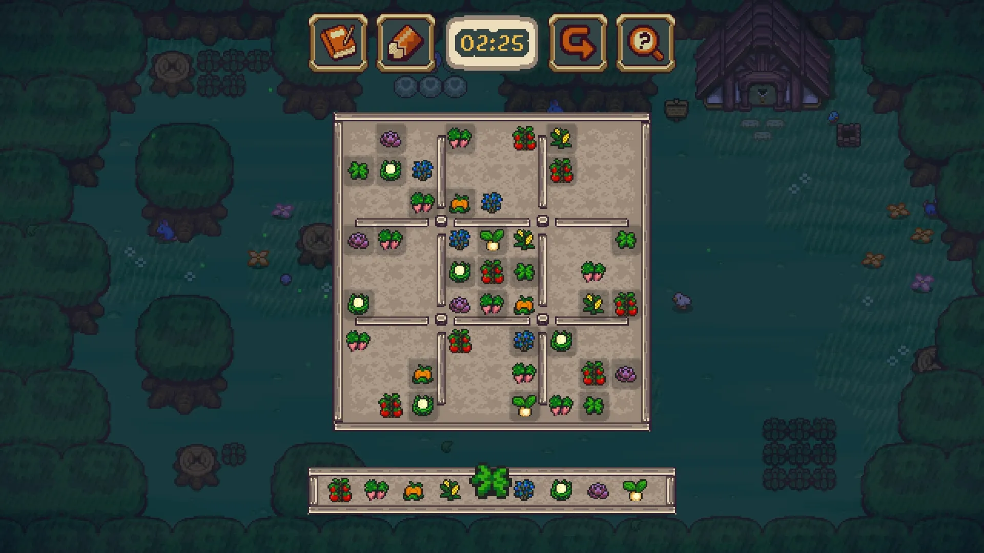 Sudoku Acres: Completing a colorful farm-themed Sudoku puzzle in a lush, forested environment at night.