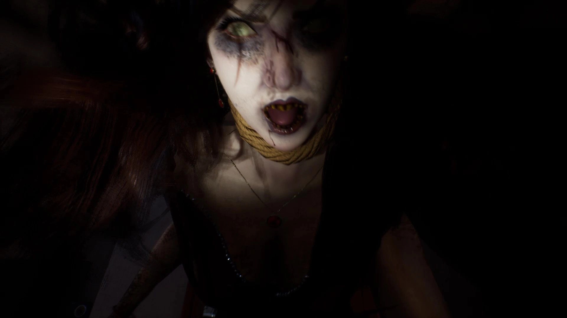 SUFFOCATE: Terrifying creature with glowing eyes and rope around neck in dimly lit horror setting