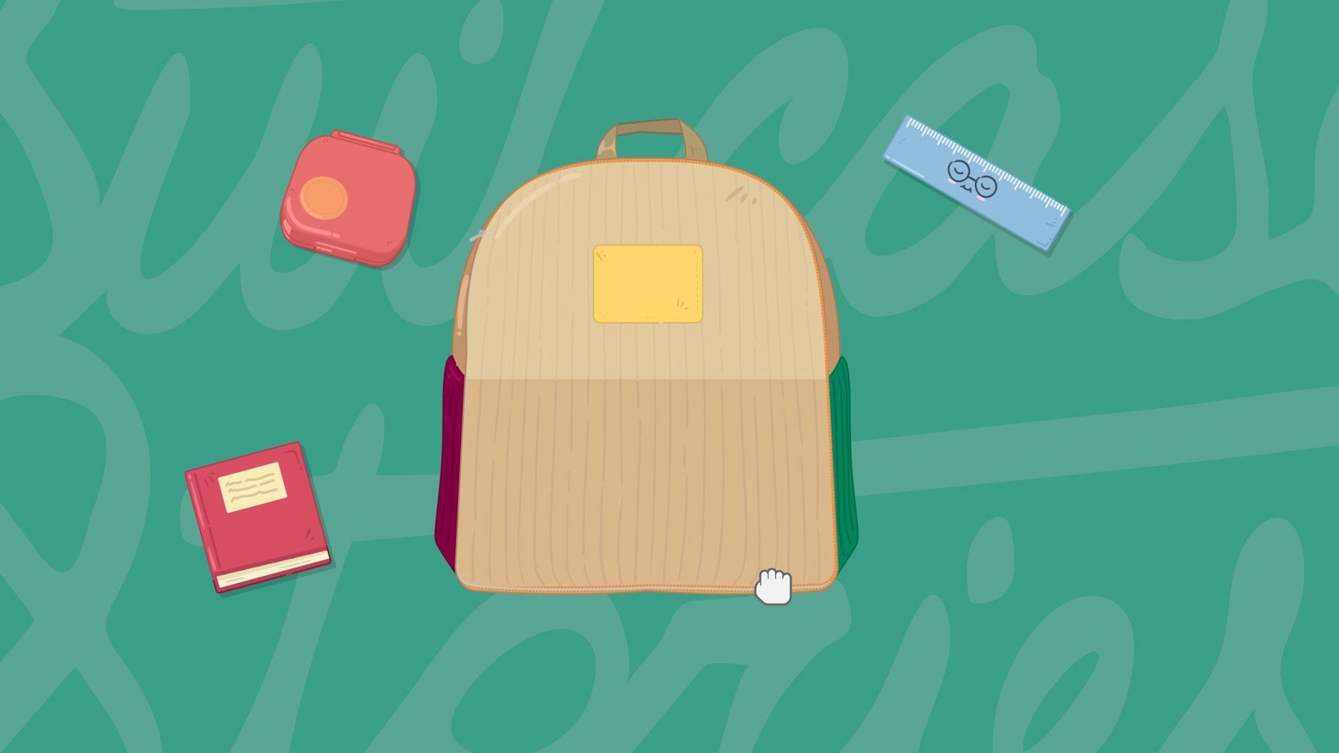 Suitcase Stories: Organizing items into a backpack with a diary, ruler, and compact on a green background.