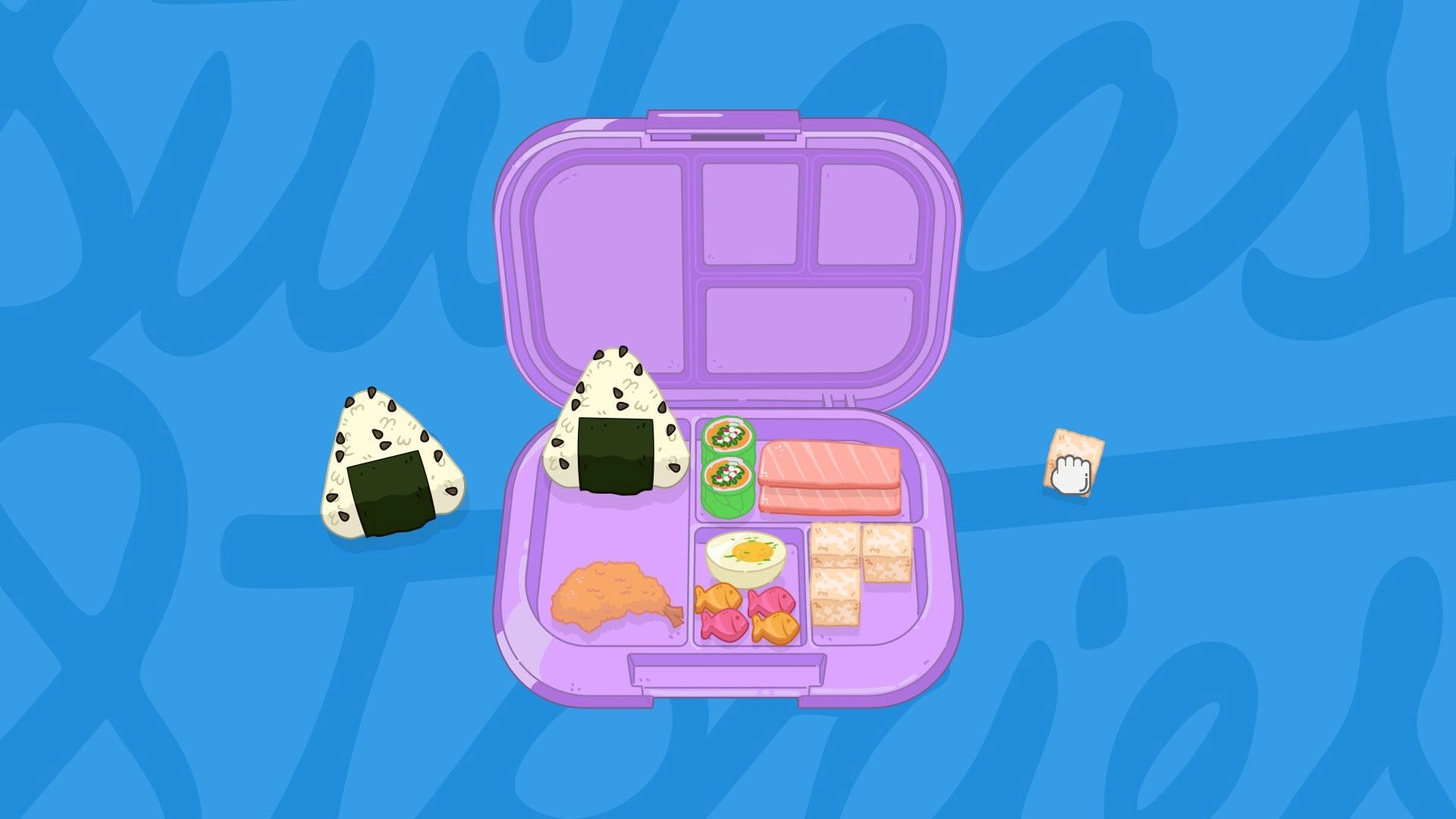 Suitcase Stories: Arranging food items in a purple suitcase on a blue background, with a hand cursor icon.