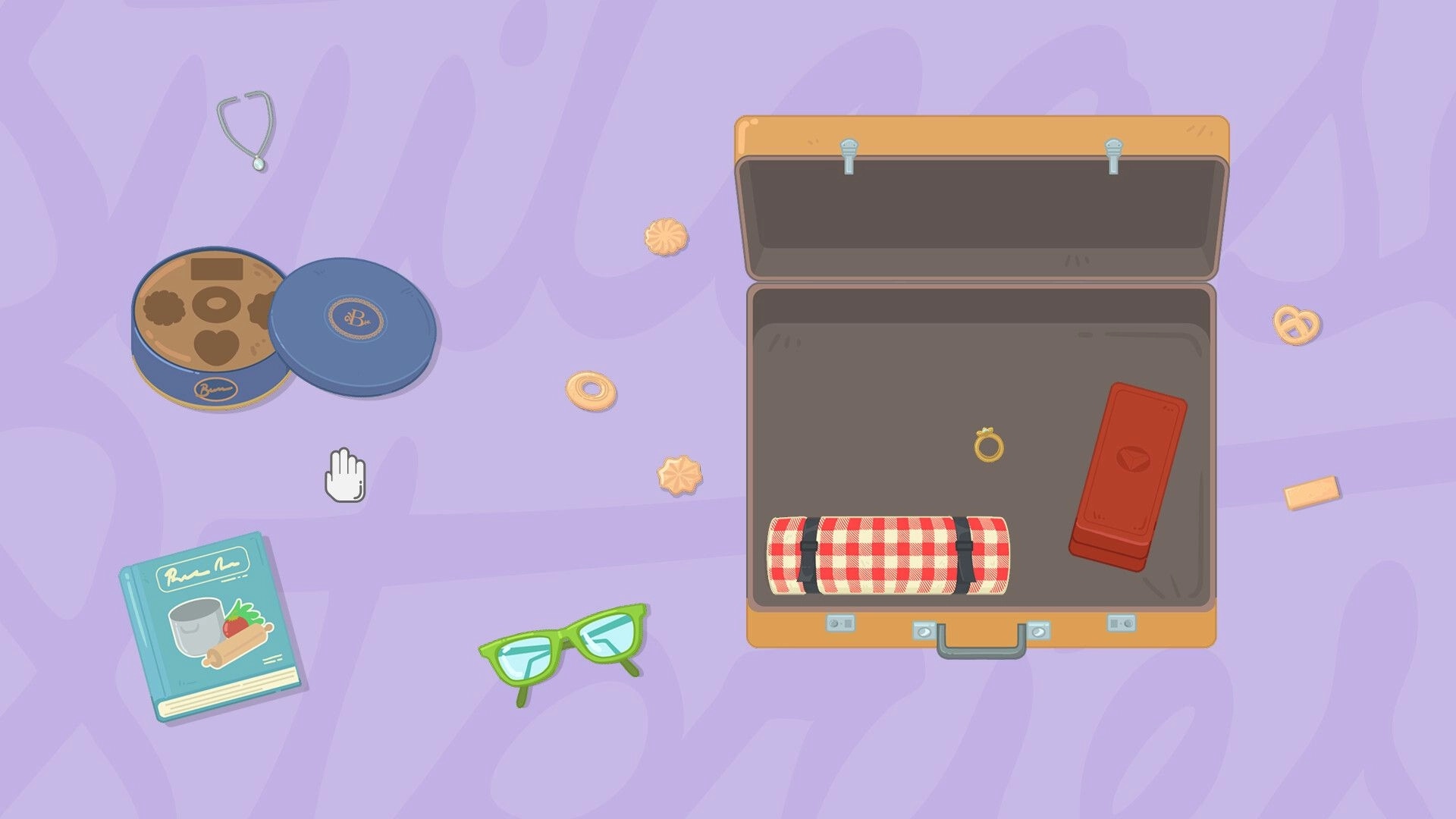 Suitcase Stories: Organizing cookies, glasses, and a book into a suitcase on a purple background