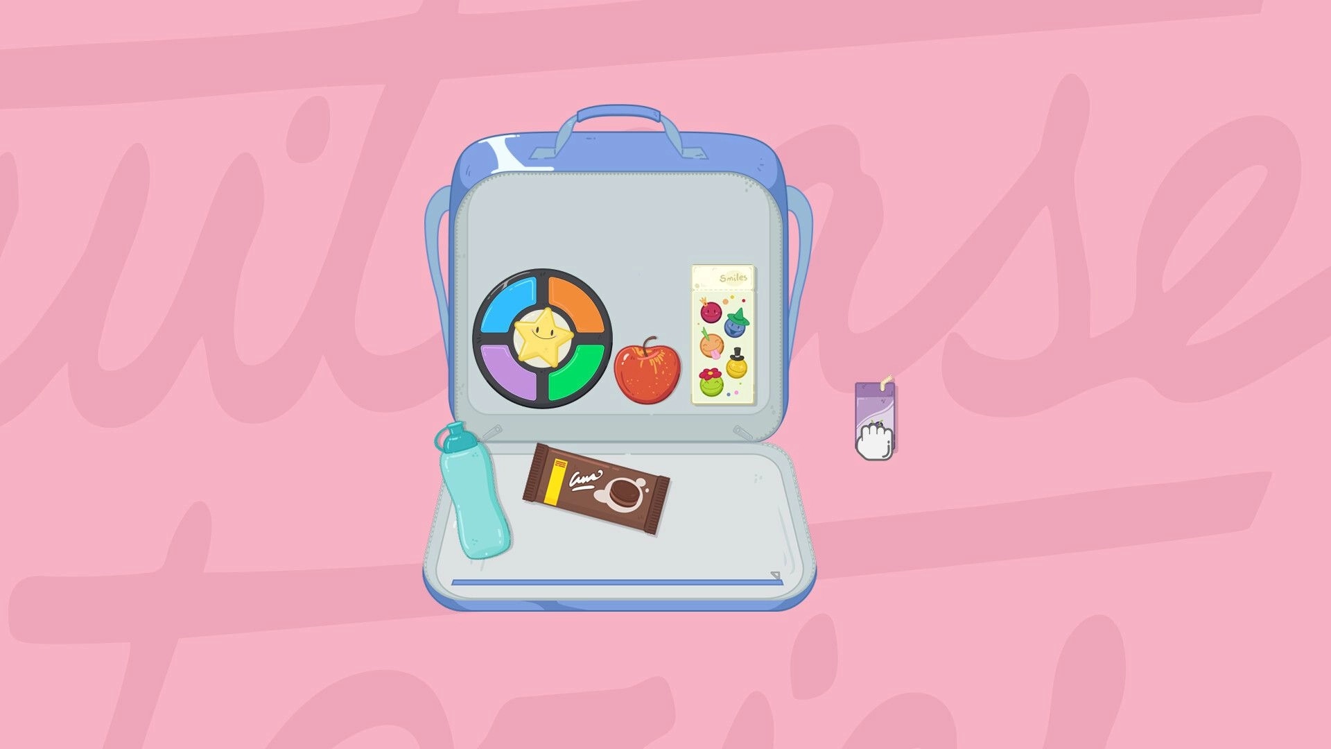 Suitcase Stories: Packing colorful toys and snacks into a suitcase on a pink background