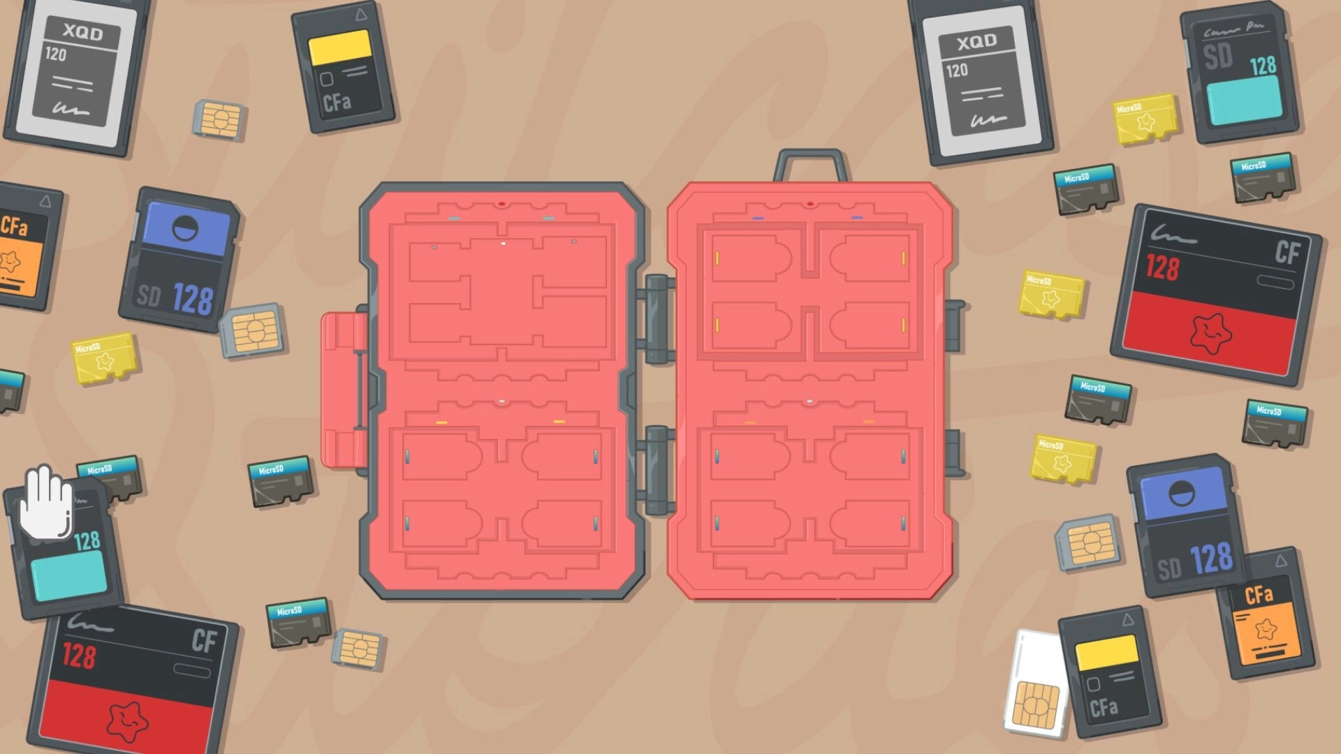 Suitcase Stories: Open suitcase with various memory cards scattered around on a wooden surface