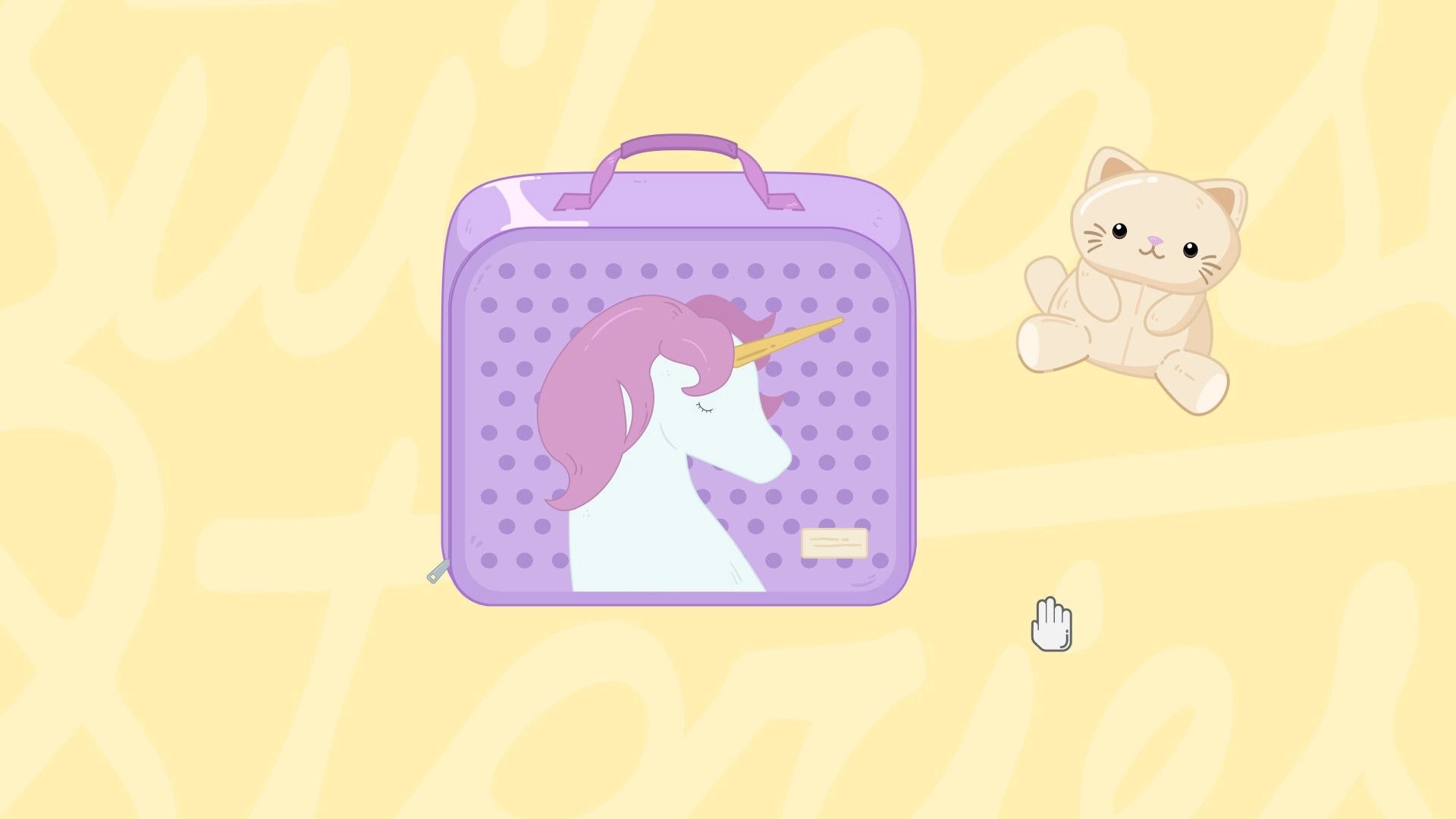 Suitcase Stories: Purple suitcase with unicorn design, beige teddy bear, and hand cursor on yellow background.