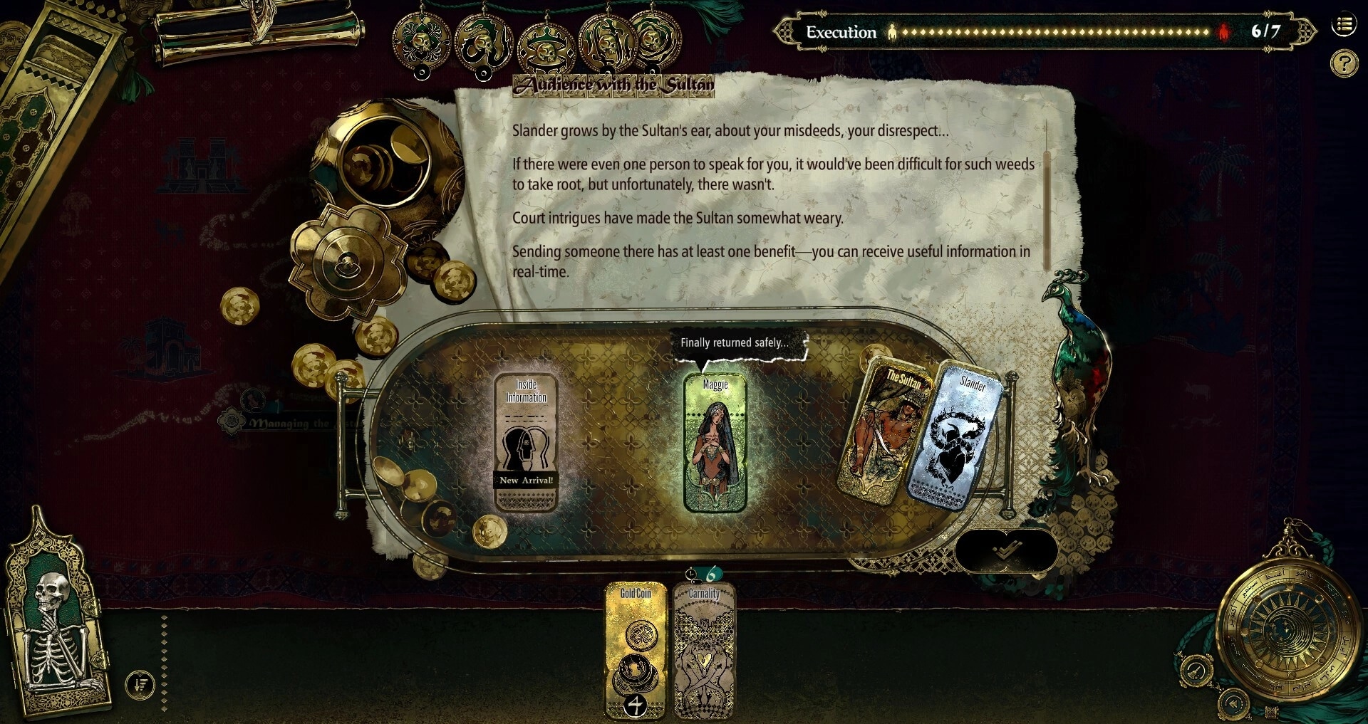 Sultan's Game: Audience with Sultan interface displaying cards like Maggie, Slander, and Carnality cards.