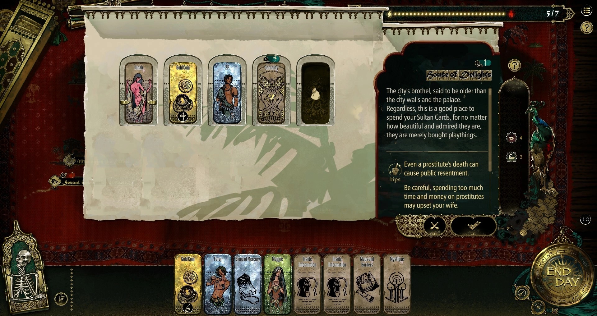 Sultan's Game: Card selection interface displaying Junah and Carnality cards at the House of Delights.