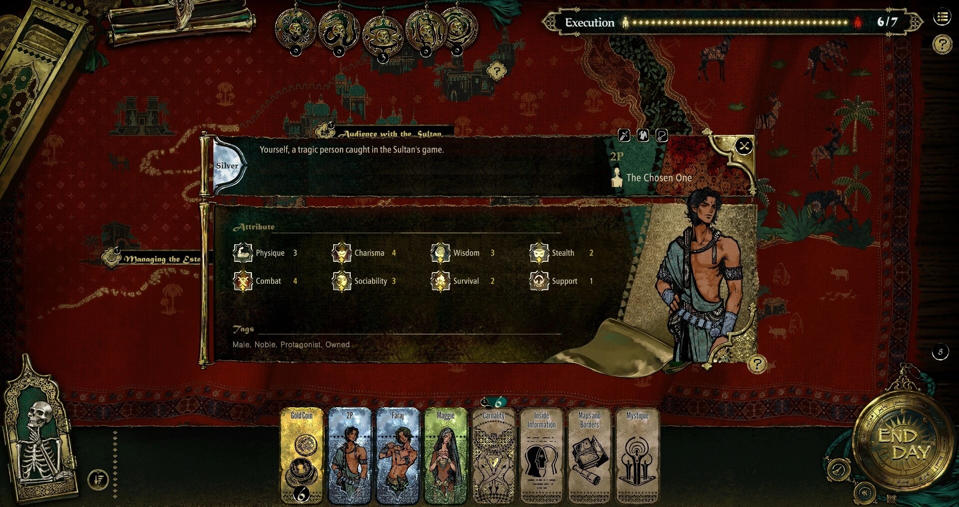 Sultan's Game: Character attributes and card deck displayed on a detailed red map background.