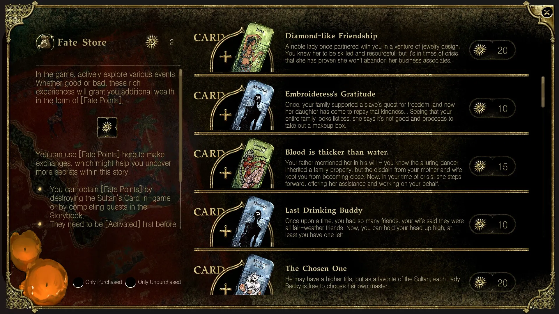 Sultan's Game: Fate Store menu displaying cards with descriptions and Fate Points cost in dark setting.