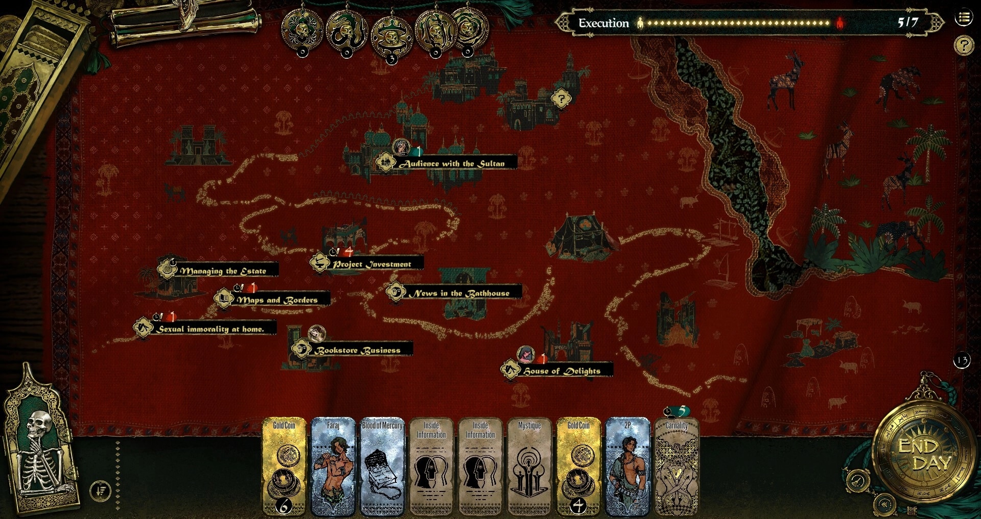 Sultan's Game: Map overview with task options and card deck, including Carnality card, displayed below.
