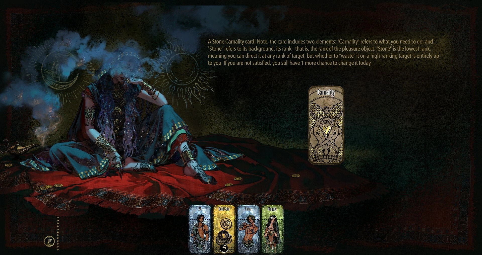 Sultan's Game: Mysterious robed figure sits on red carpet with Carnality card and coins scattered around.
