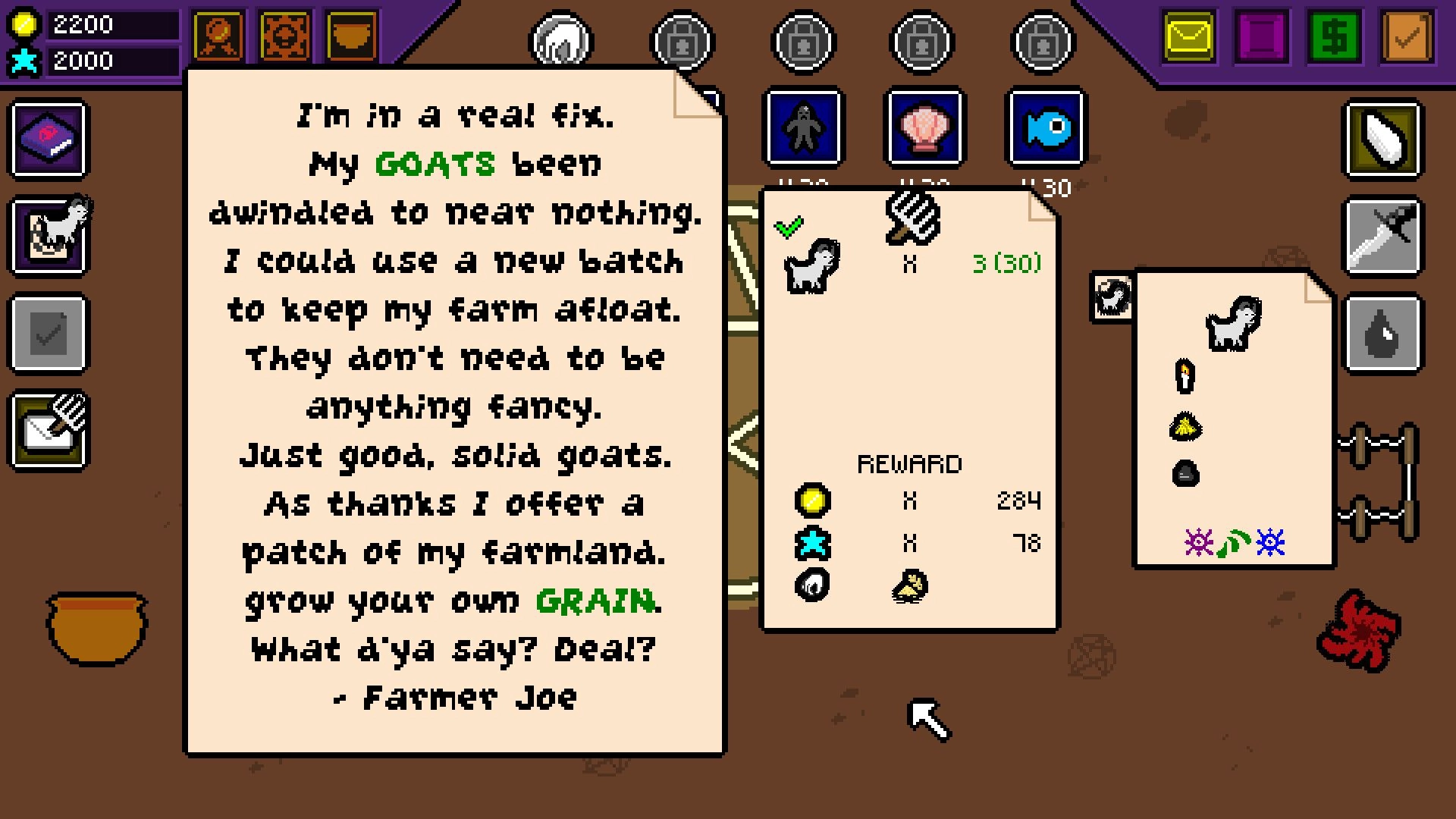 Summoner's Cookbook: Farmer Joe's request for goats with reward details in task menu interface