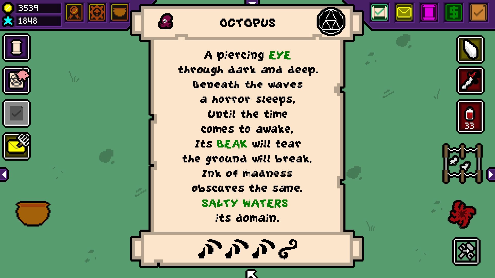 Summoner's Cookbook: Octopus crafting poem on scroll with resource icons and menu items displayed