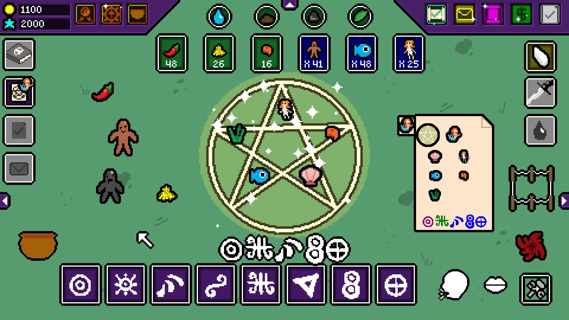 Summoner's Cookbook: Summoning circle with creatures and ingredients in crafting interface