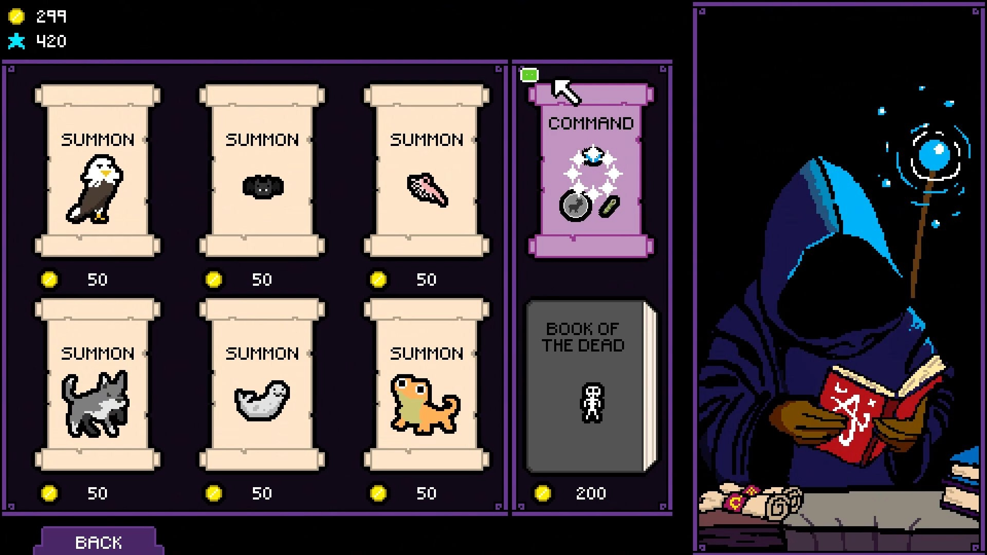 Summoner's Cookbook: Summoning menu with scrolls and a hooded figure holding a red book in study