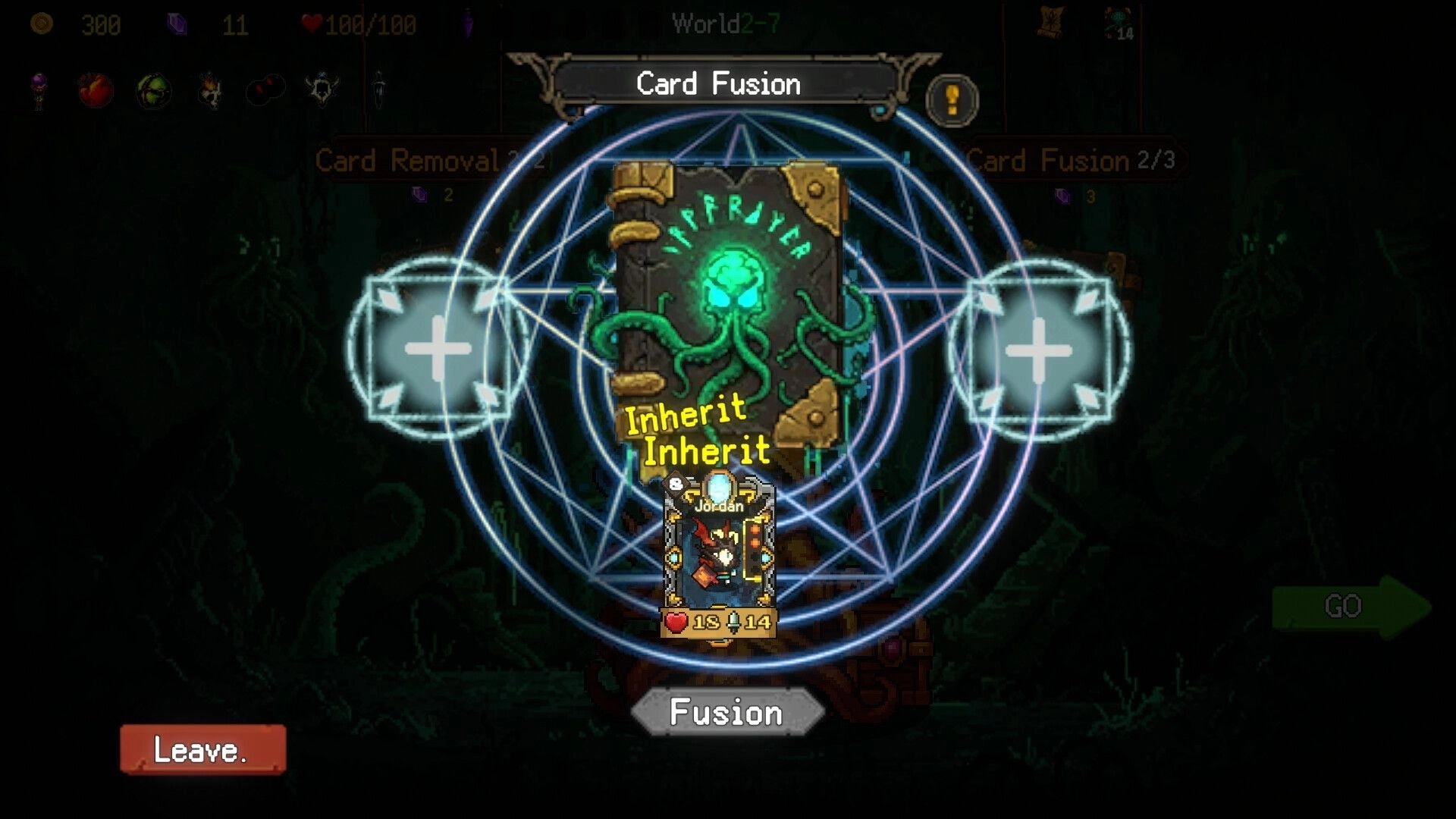Summoner's Gambit: Card Fusion interface with "Inherit" option in a dark, mystical setting