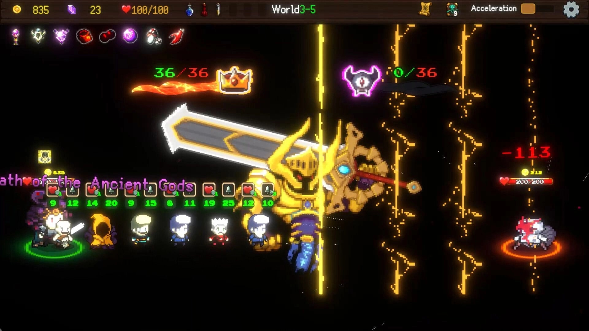 Summoner's Gambit: Epic duel with giant golden knight and stats displayed in dark, pixelated arena