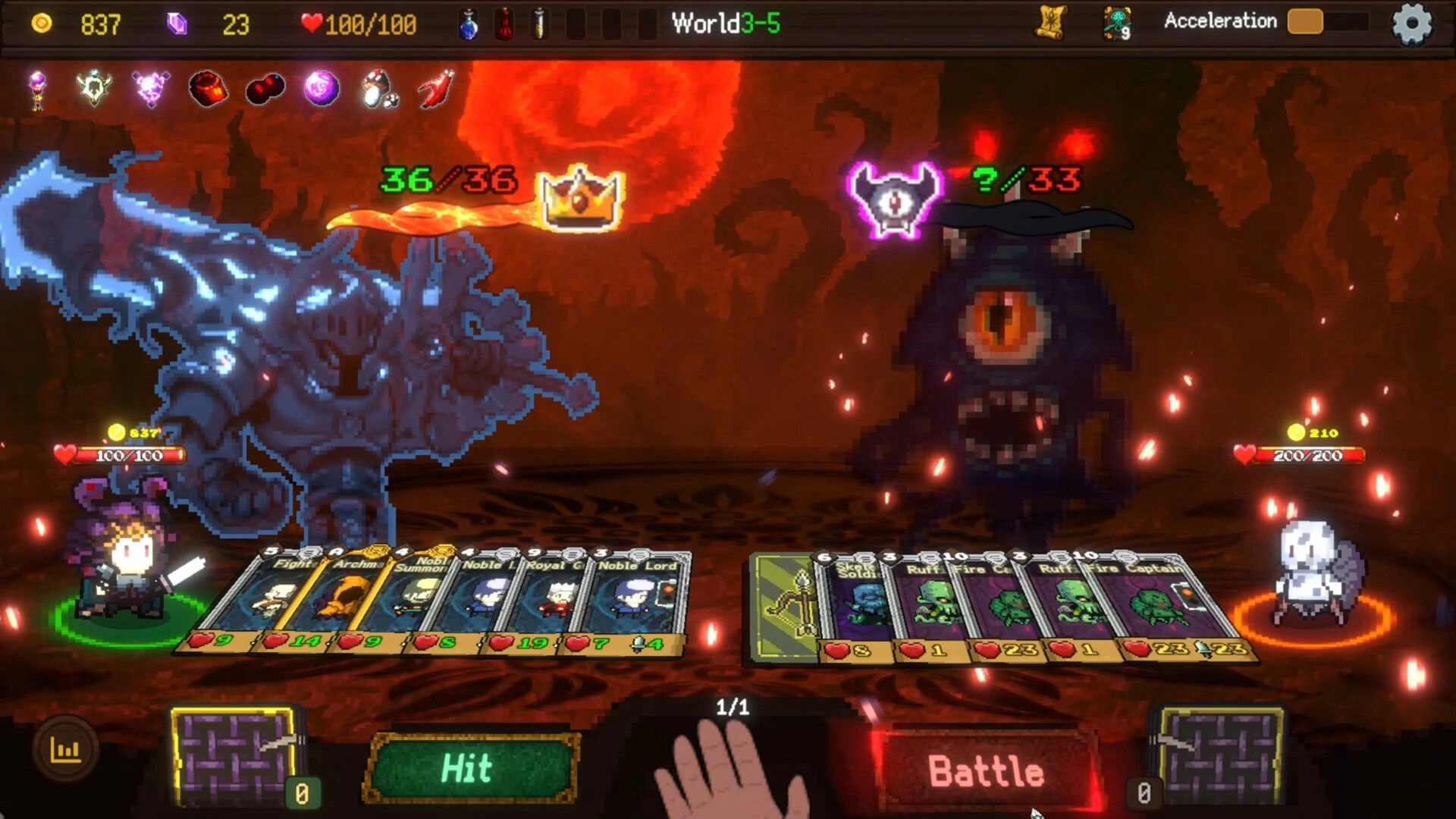 Summoner's Gambit: Intense battle with cards displayed against a fiery backdrop in World 3-5.