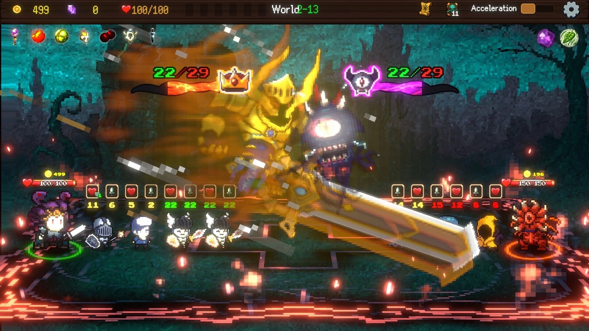 Summoner's Gambit: Epic duel with armored knight clashing against a demon in a pixelated forest arena.