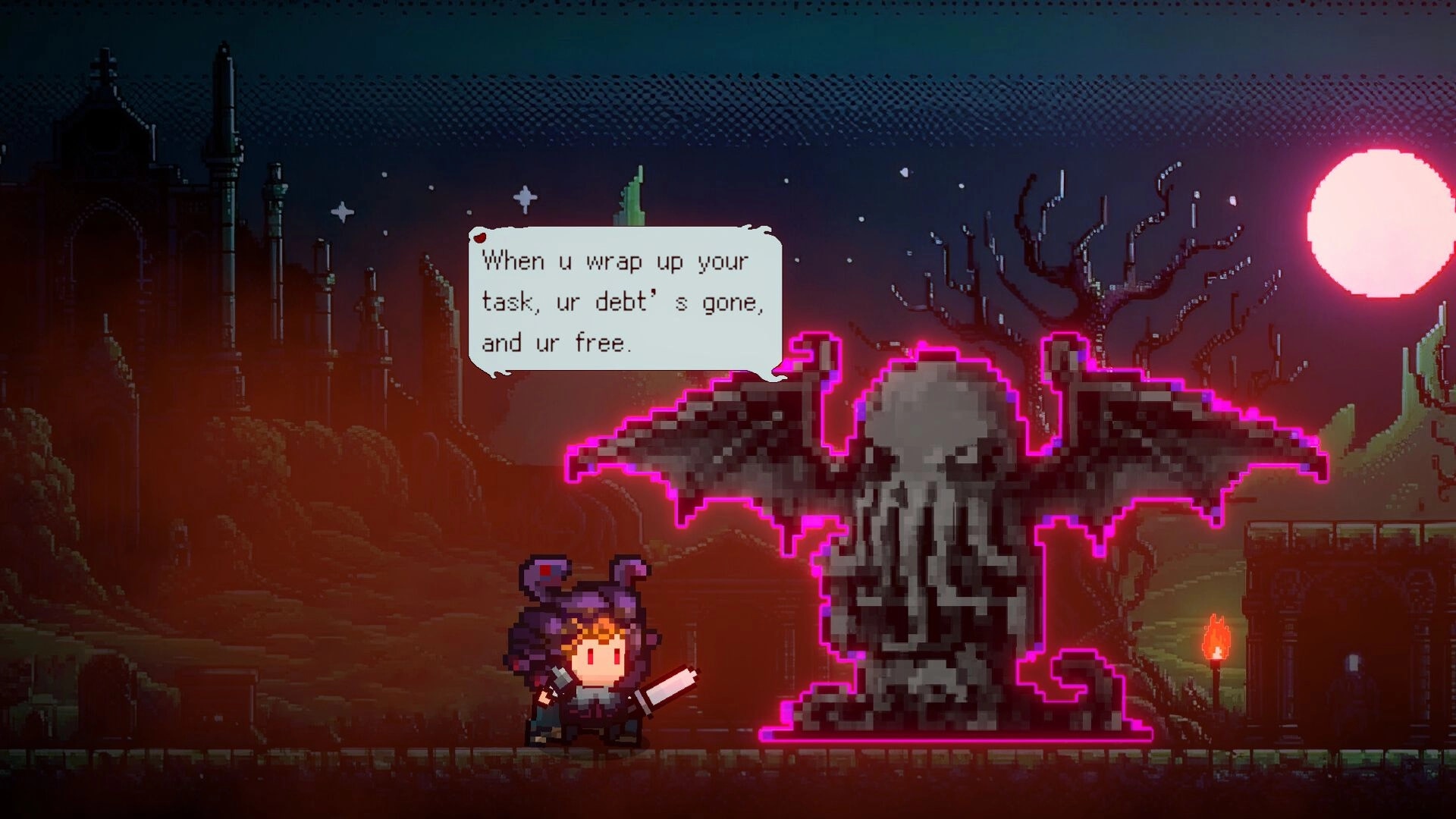 Summoner's Gambit: Character confronts mysterious statue in dark, eerie landscape with red moon.