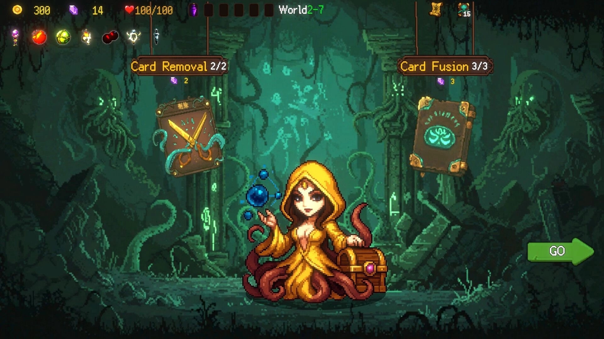 Summoner's Gambit: Hooded figure with chest and cards in mystical forest setting