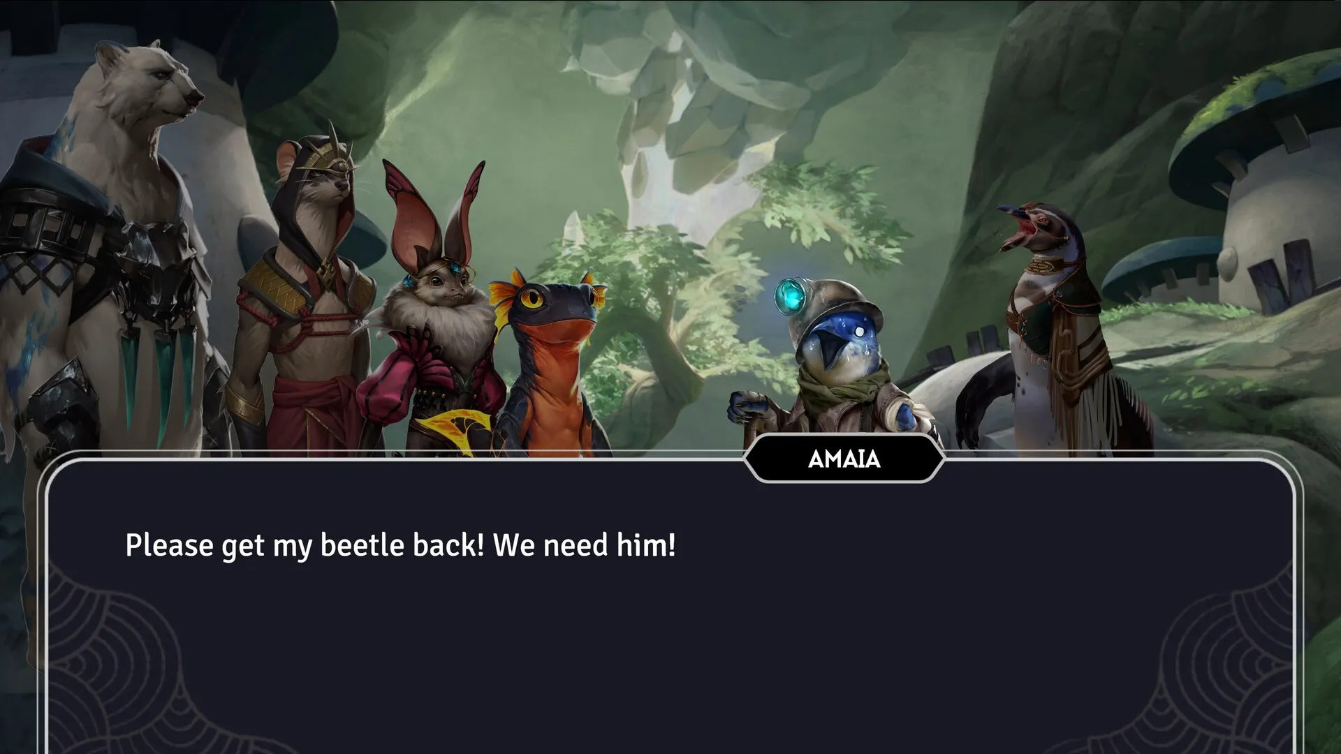 Sunderfolk: Six diverse animal heroes stand in a lush forest, engaging in dialogue about a missing beetle.