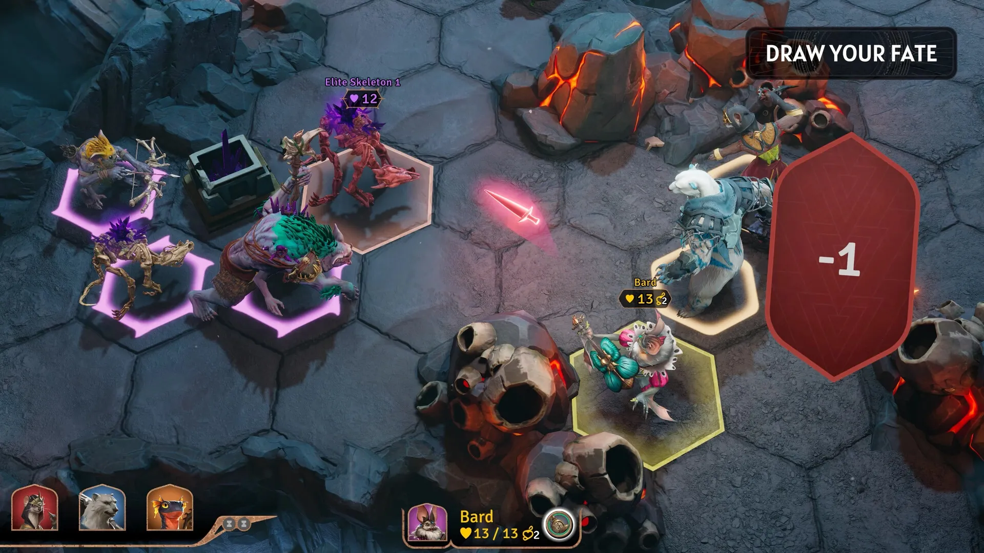 Sunderfolk: Bard and allies fight Elite Skeletons on hexagonal lava terrain with a fate card drawn