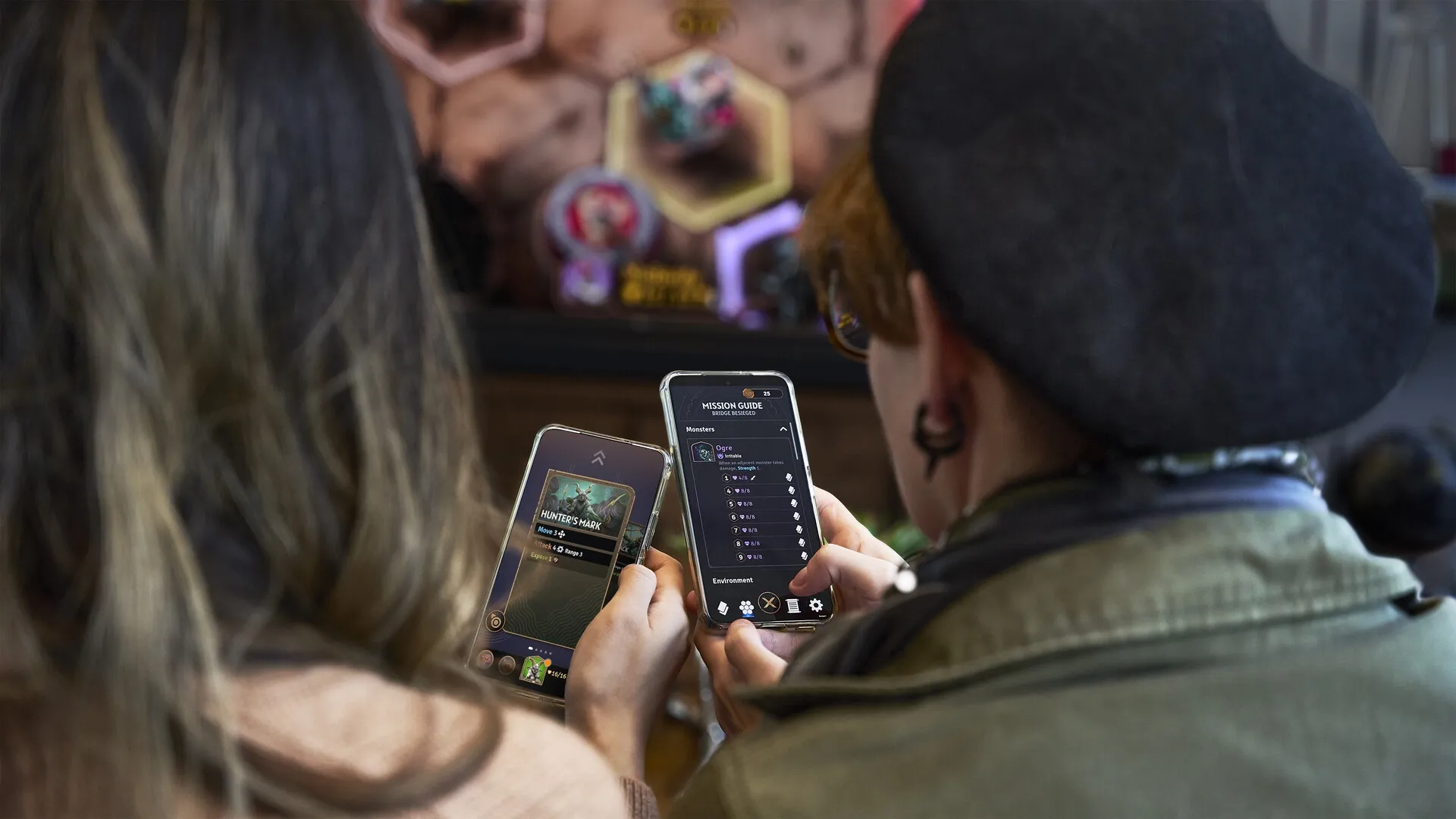 Sunderfolk: Players strategizing with phones as controllers in a tactical RPG battle environment